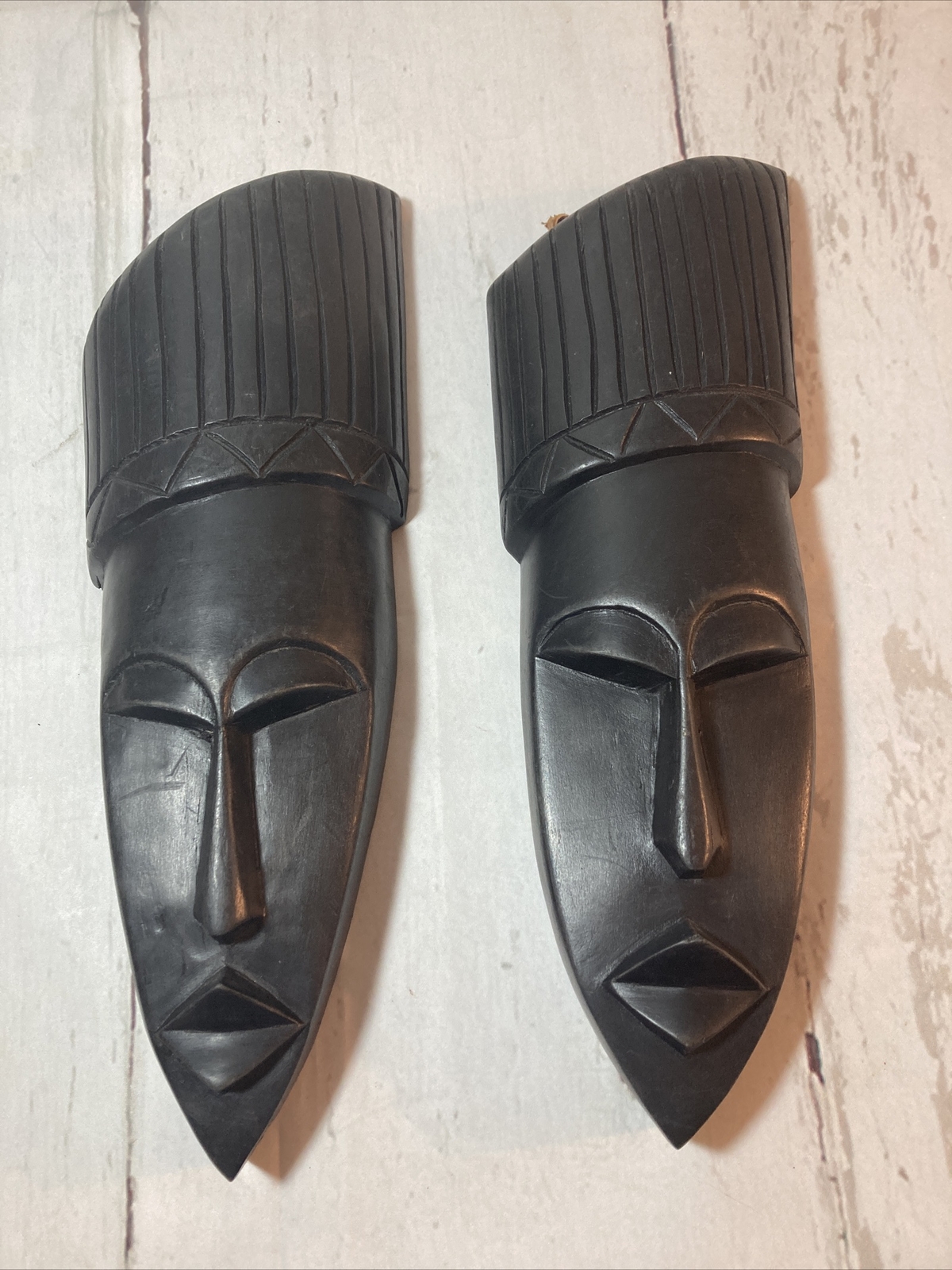 2 HAND CARVED VINTAGE WOOD MASK TRIBAL FACE WOODEN AFRICAN WALL ART Ebony   934C