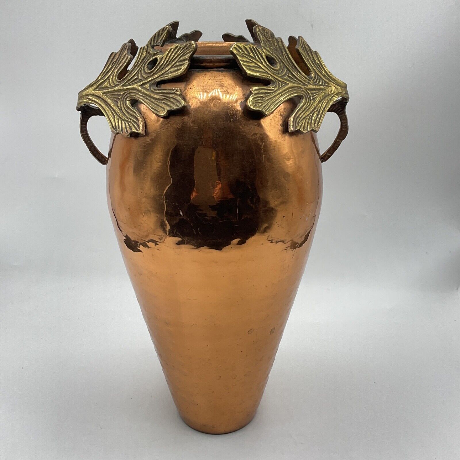 Large Hammered Copper Decorative Vase With Brass Leaves 14