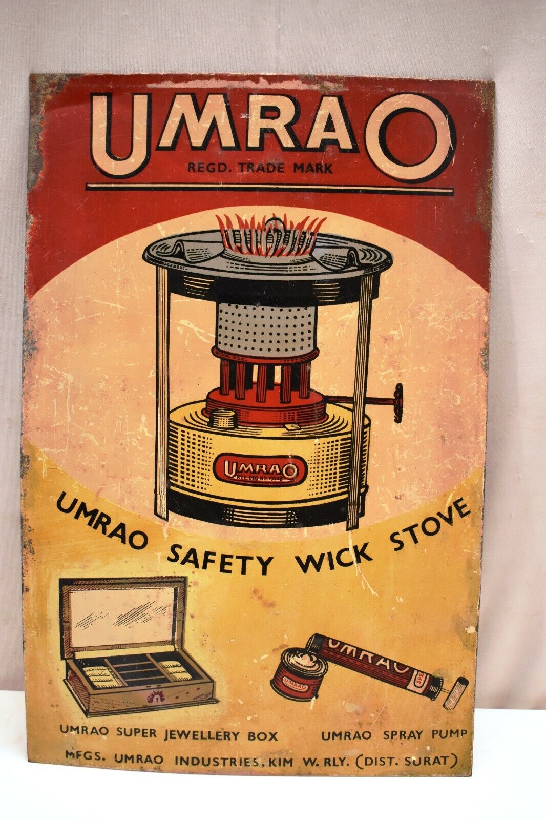 Vintage Advertising Tin Sign Umrao Safety Wick Stove Super Jewelry Box Spray \