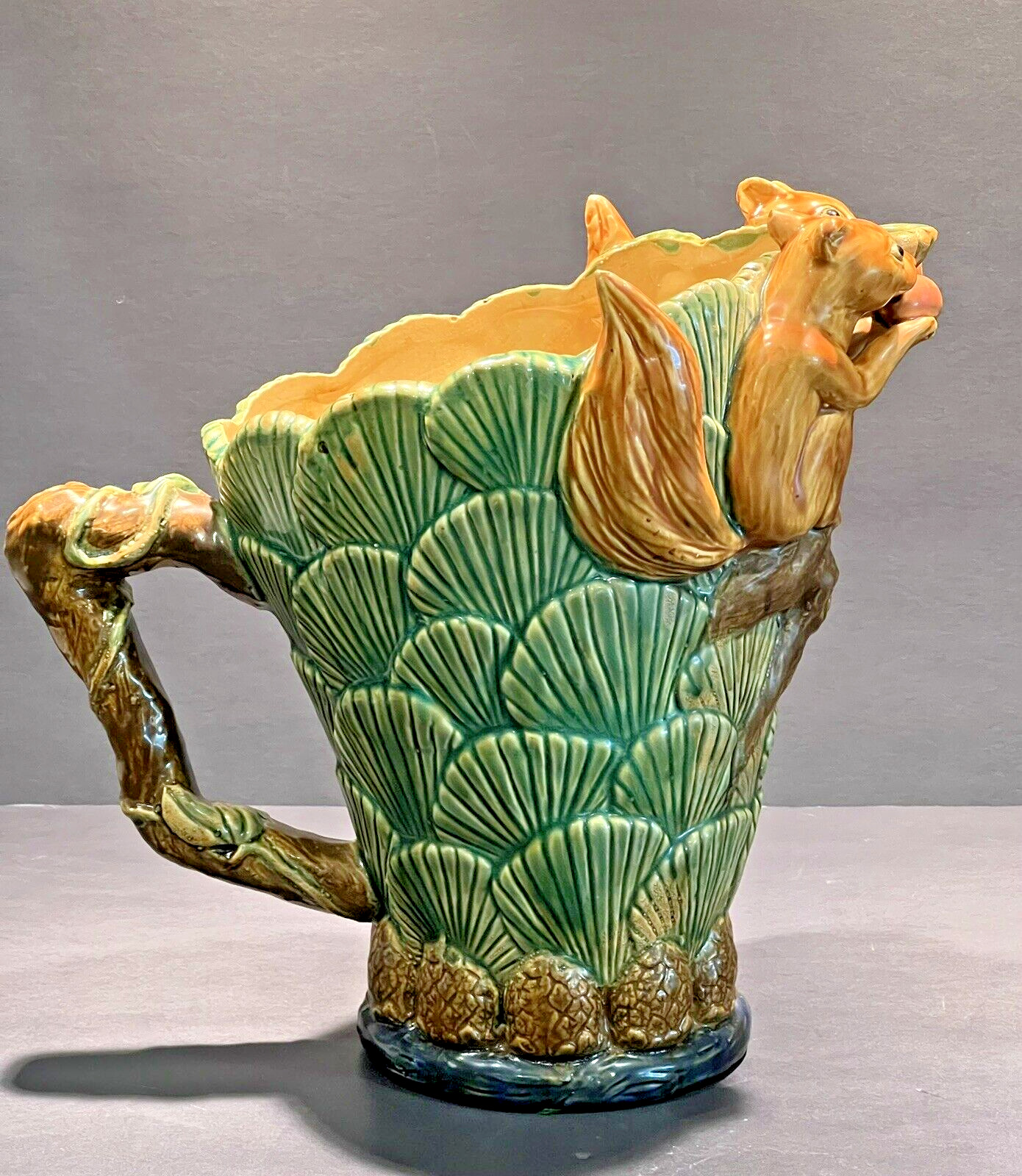 Vintage UNIQUE RARE Majolica Squirrel Sea Shell Large Pitcher Numbered 10\
