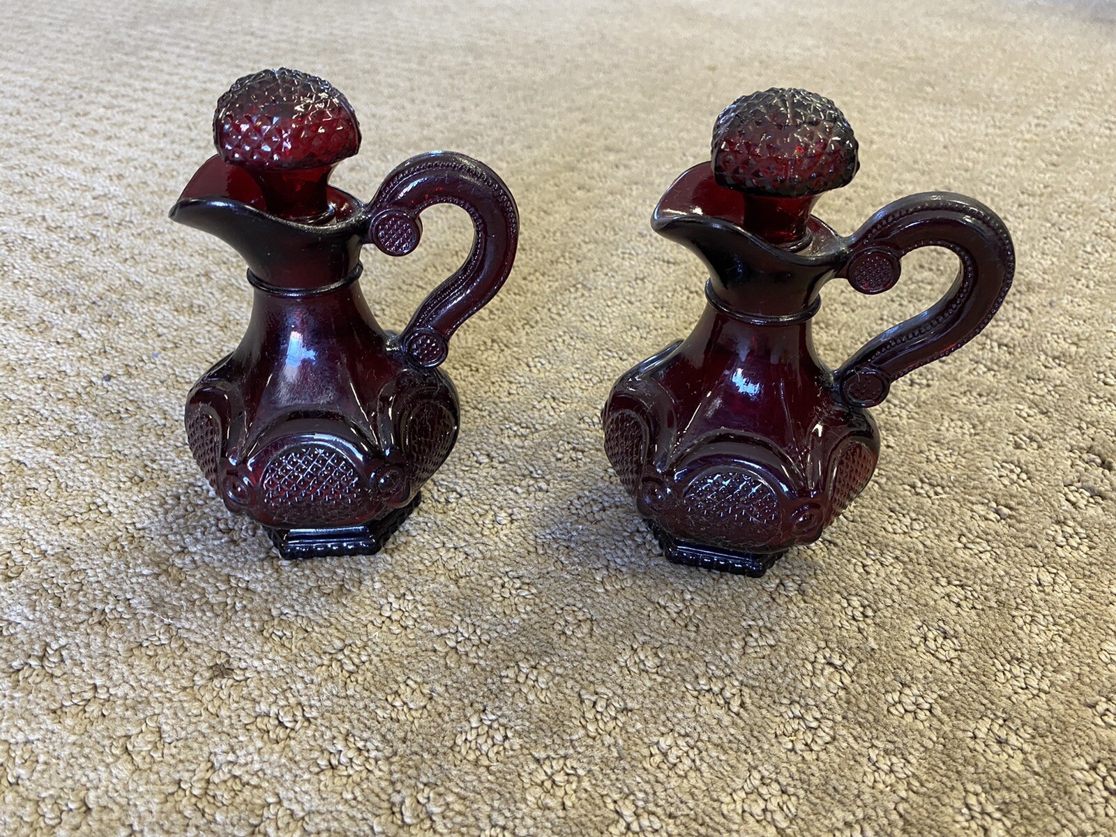 Pair of Vintage AVON 1876 Cape Cod Collection Ruby Red Glass Cruets
