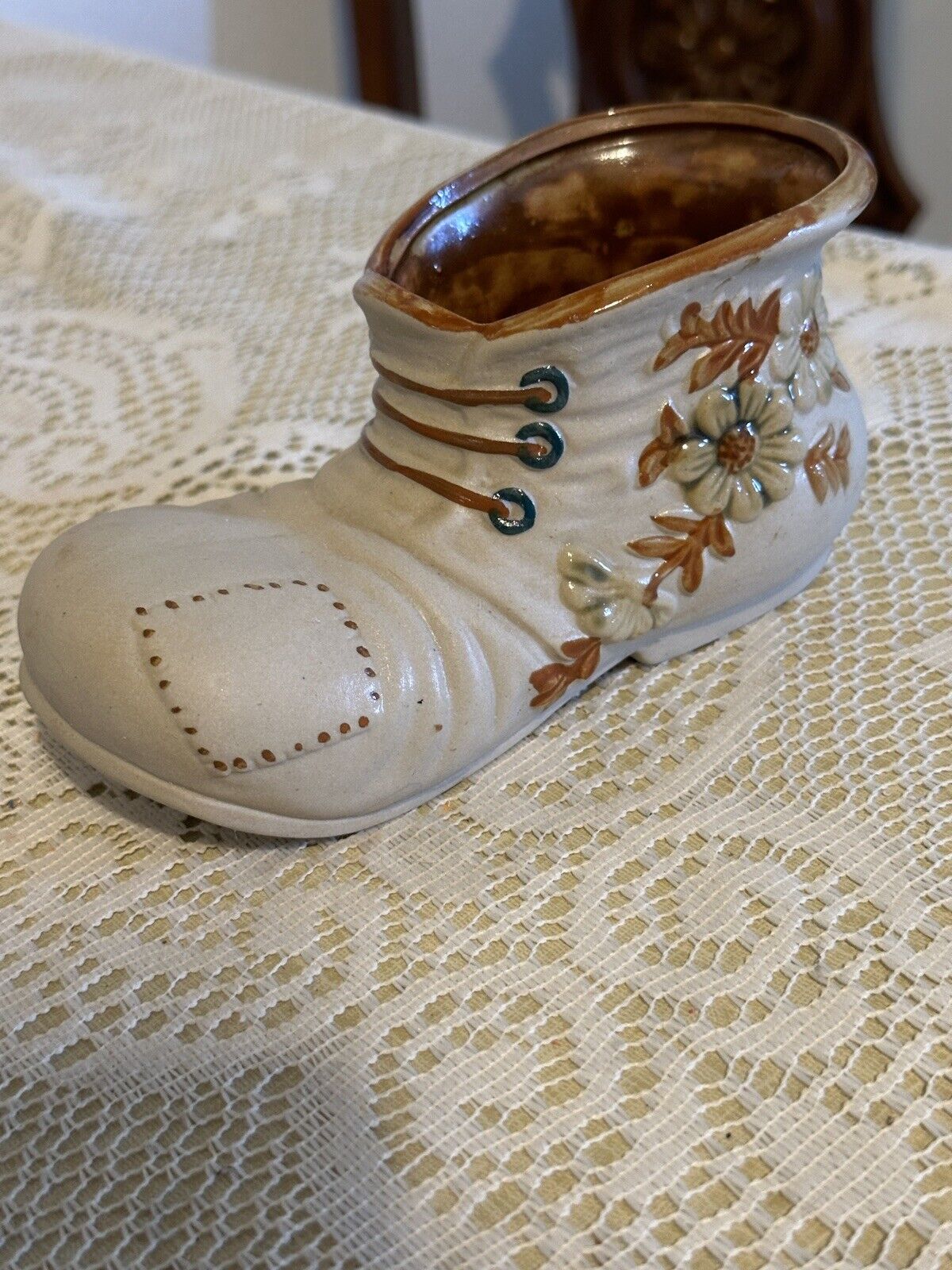 Rubens Originals Shoe Boot  Planter Vintage Ceramic Floral Brown 6x3 Nice