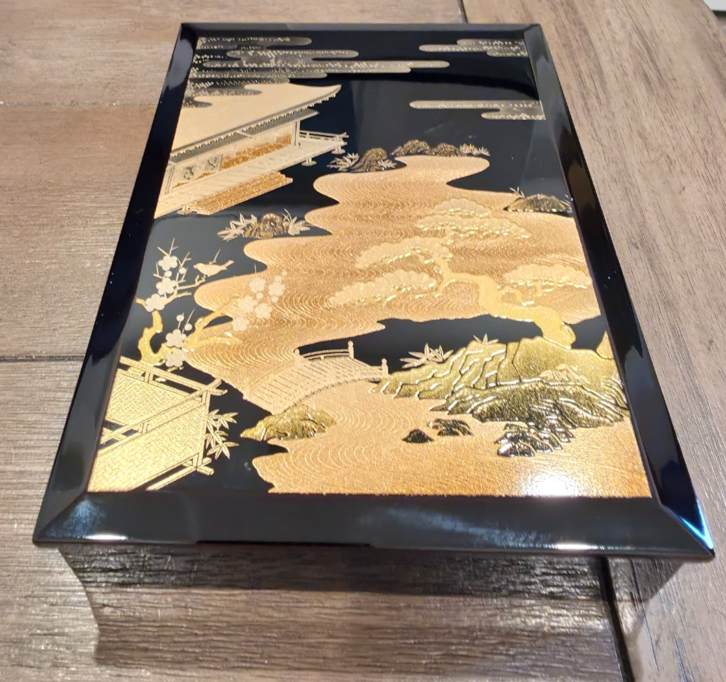 Vintage Japanese Lacquerware Postcard Letter Box Gold Landscape Japan