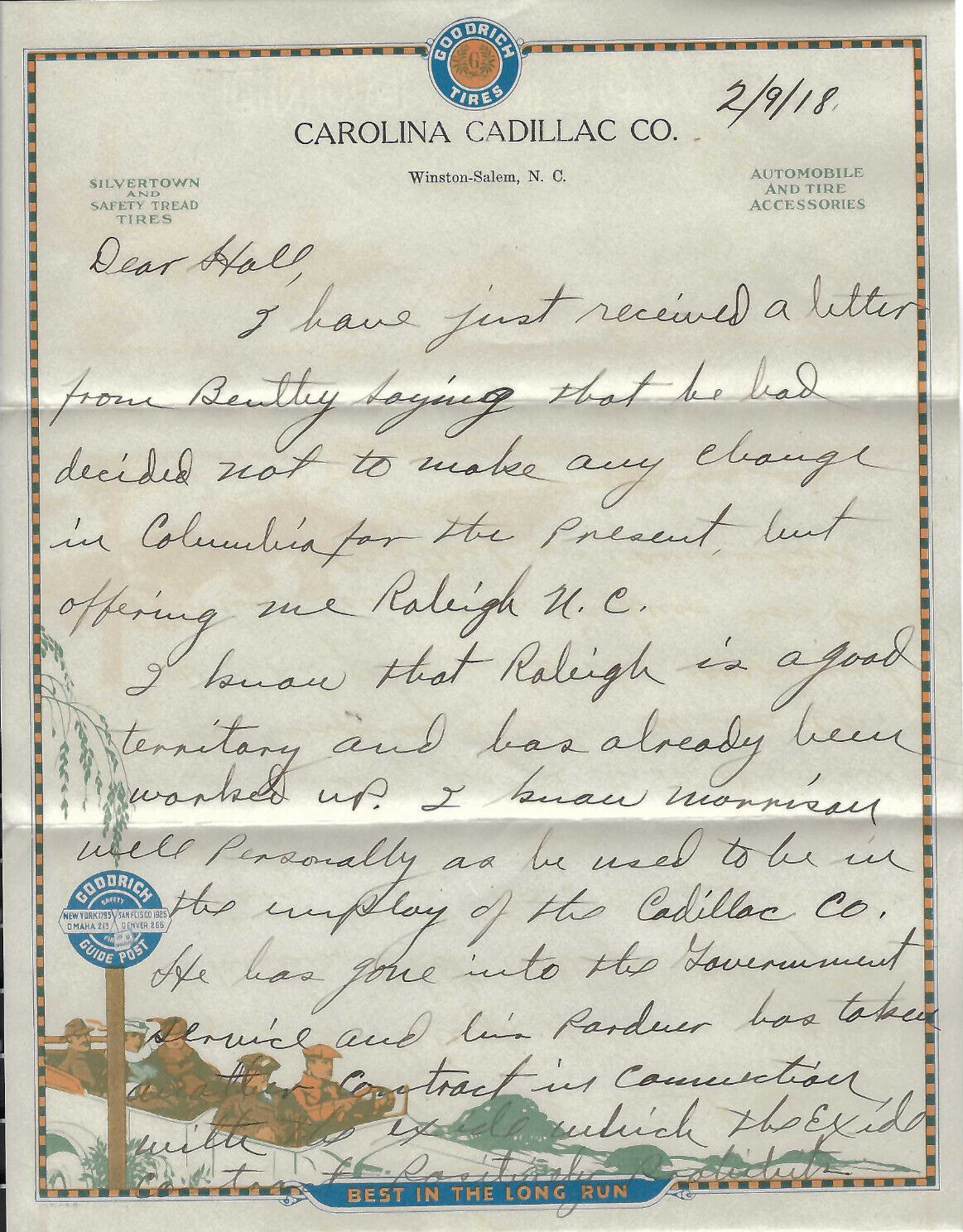 VTG 1918 CAROLINA CADILLAC CO/GOODRICH, WINSTON-SALEM, NC LETTERHEAD 3 SHEETS