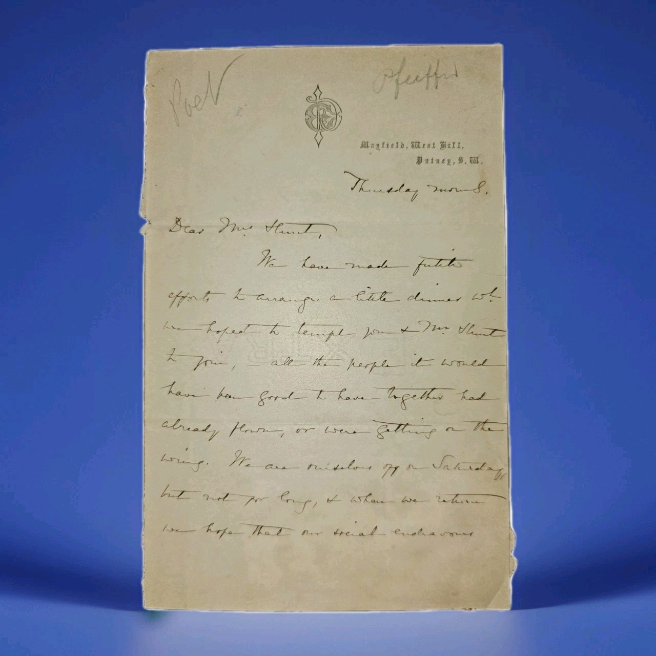 1870s Victorian Poet Emily Pfeiffer ALS Signed Letter to Hunt Family Putney SW
