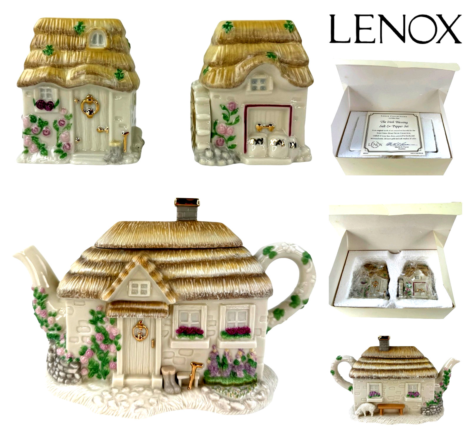 LENOX The Irish Blessing Teapot & Salt & Pepper Set 24 karat Gold Trim Cottages