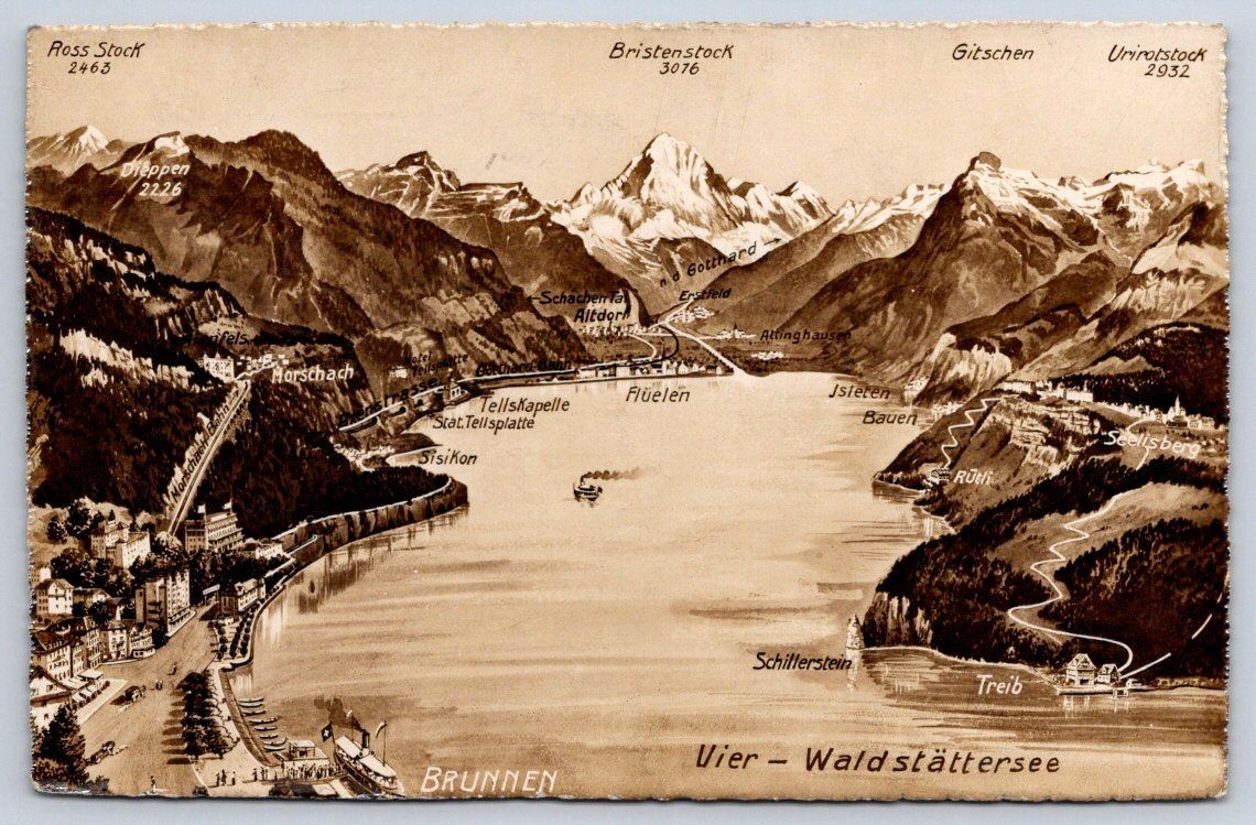 Antique Switzerland Postcard BRUNNEN Vierwaldstattersee Lake 1946