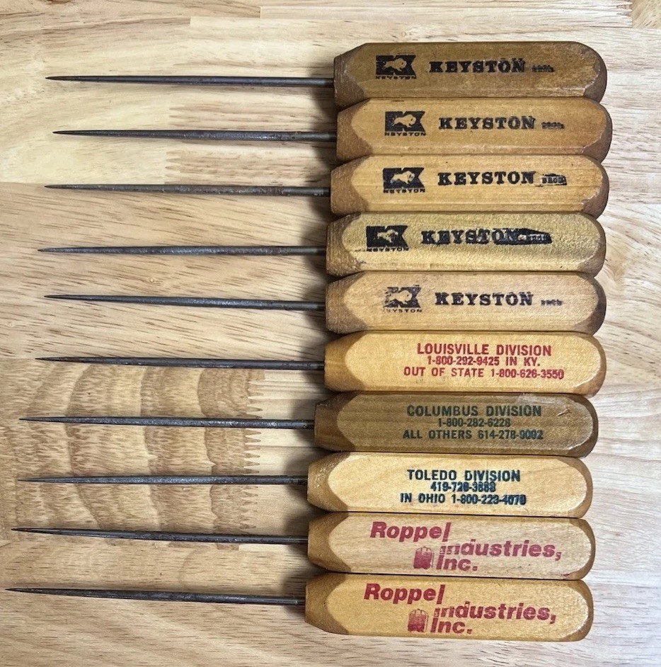 Lot Of 10 Vintage Wood Handle Ice Picks Advertising Keyston Roppel Industries