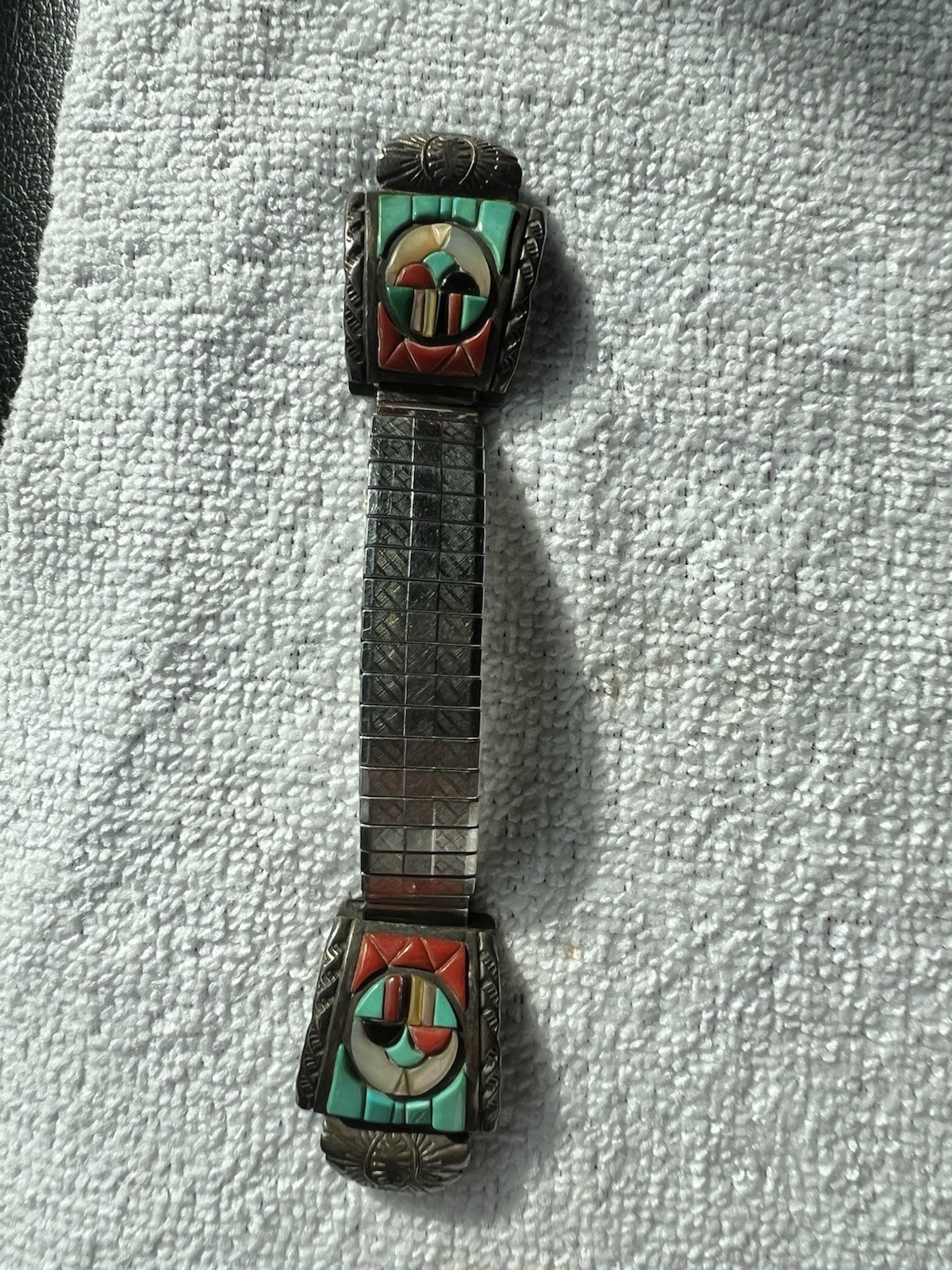 Vintage Zuni Multi-Stone Sunface Inlay Watch Tips Sterling Silver Signed VM