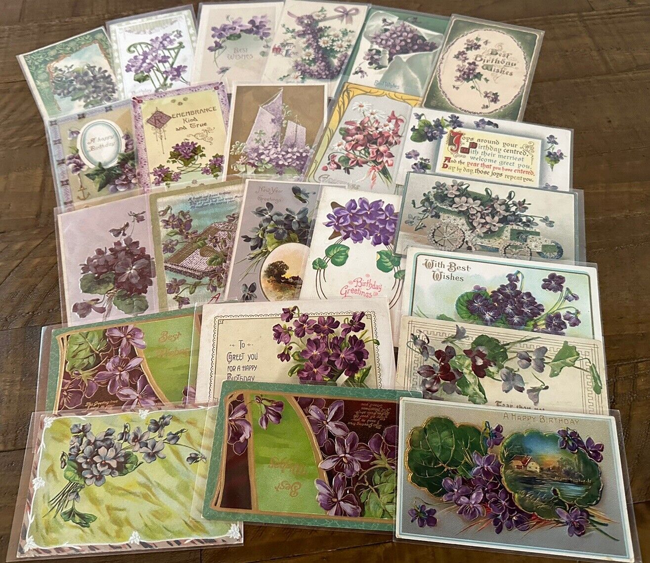 Nice~Lot of 23 Greetings Postcards with Purple Violets Flowers~in Sleeves~h886