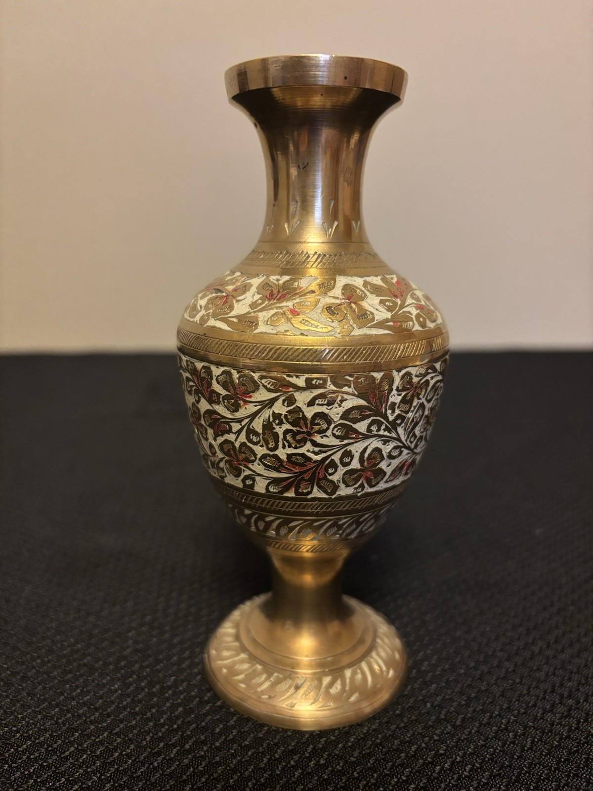 Vintage Etched Brass Enamel Inlaid Bud Vase India 6” tall