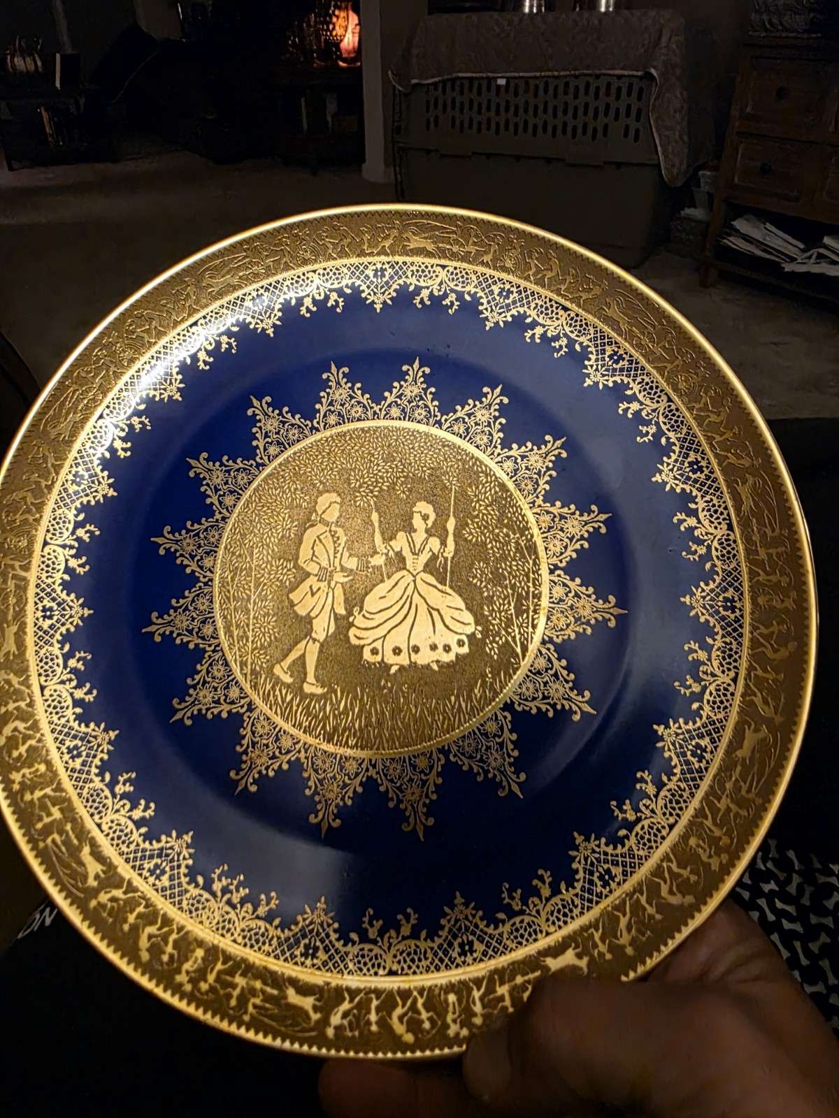 Vintage 1947-52 J.K.W Carlsbad COURTING COUPLE Collector Porcelain Cobalt Gold 
