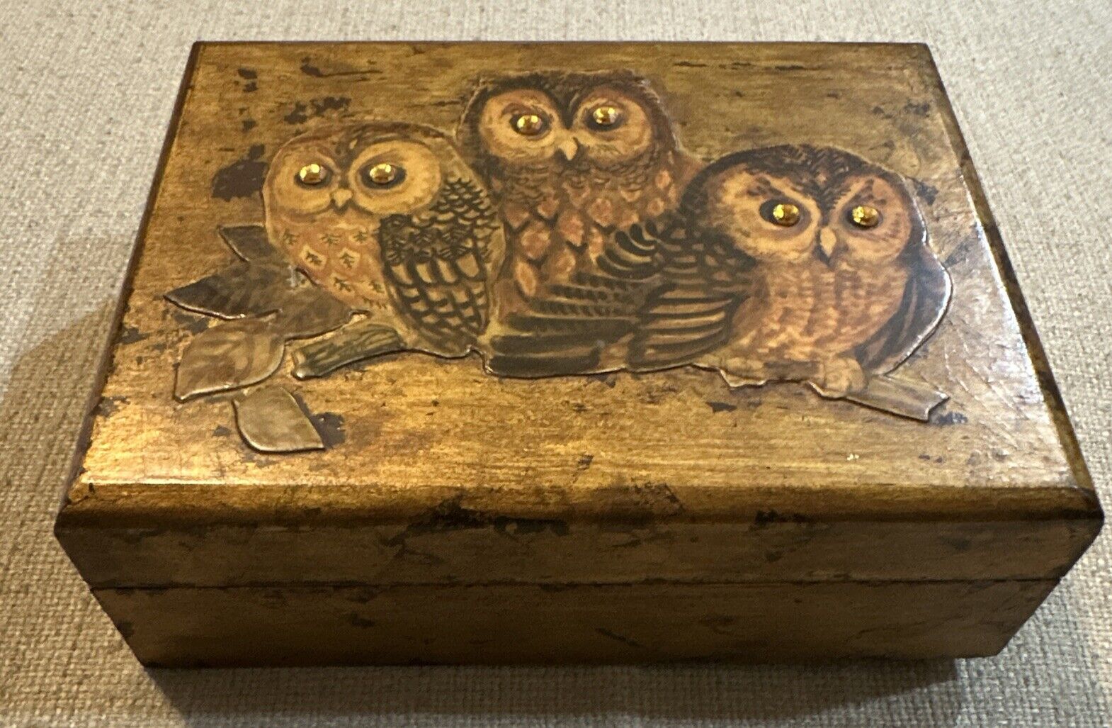 VTG Owl Family Print Decoupage On Wood trinket Card Box 1970 W Delta Cards Miami