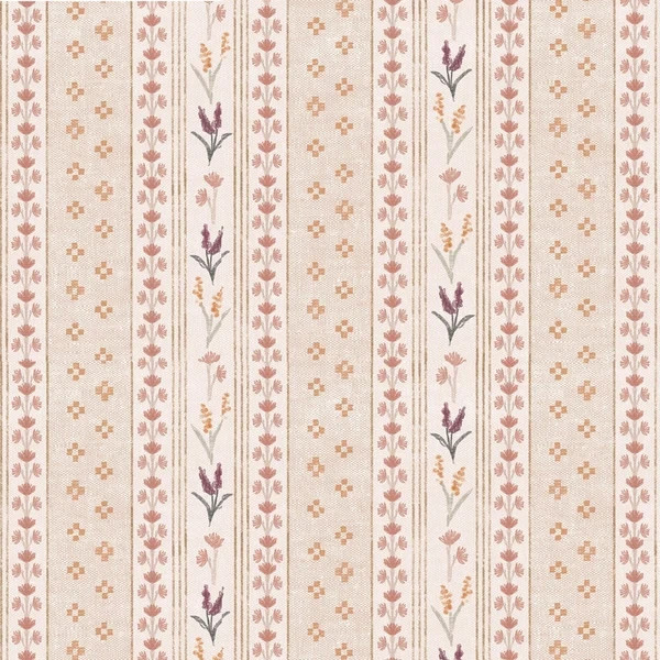 Lulie Wallace Floral Striped Linen Cotton Print Fabric- Maggie / Apricot 0.95 yd