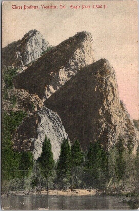 c1910s YOSEMITE NATIONAL PARK Hand-Colored Postcard THREE BROTHERS Eagle Peak