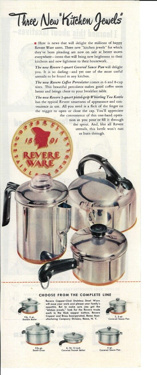 1948 REVERE WARE Coffee Pot Pan Tea Kettle Cookware Vintage Magazine Print Ad