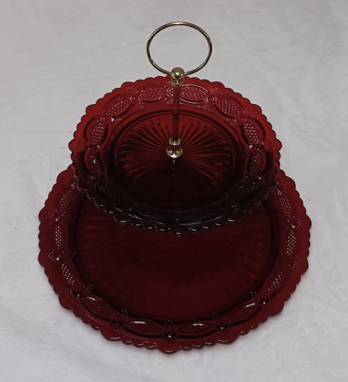 Vintage Avon Cape Cod Ruby Red 2 Tier Server Tiered Dessert Tray Christmas Table