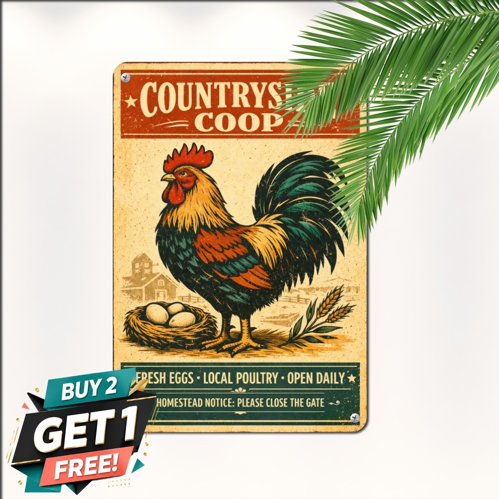 Chicken Rooster Hen Egg Plate Tin Sign Rustic Farmhouse Wall Plaque 8x12