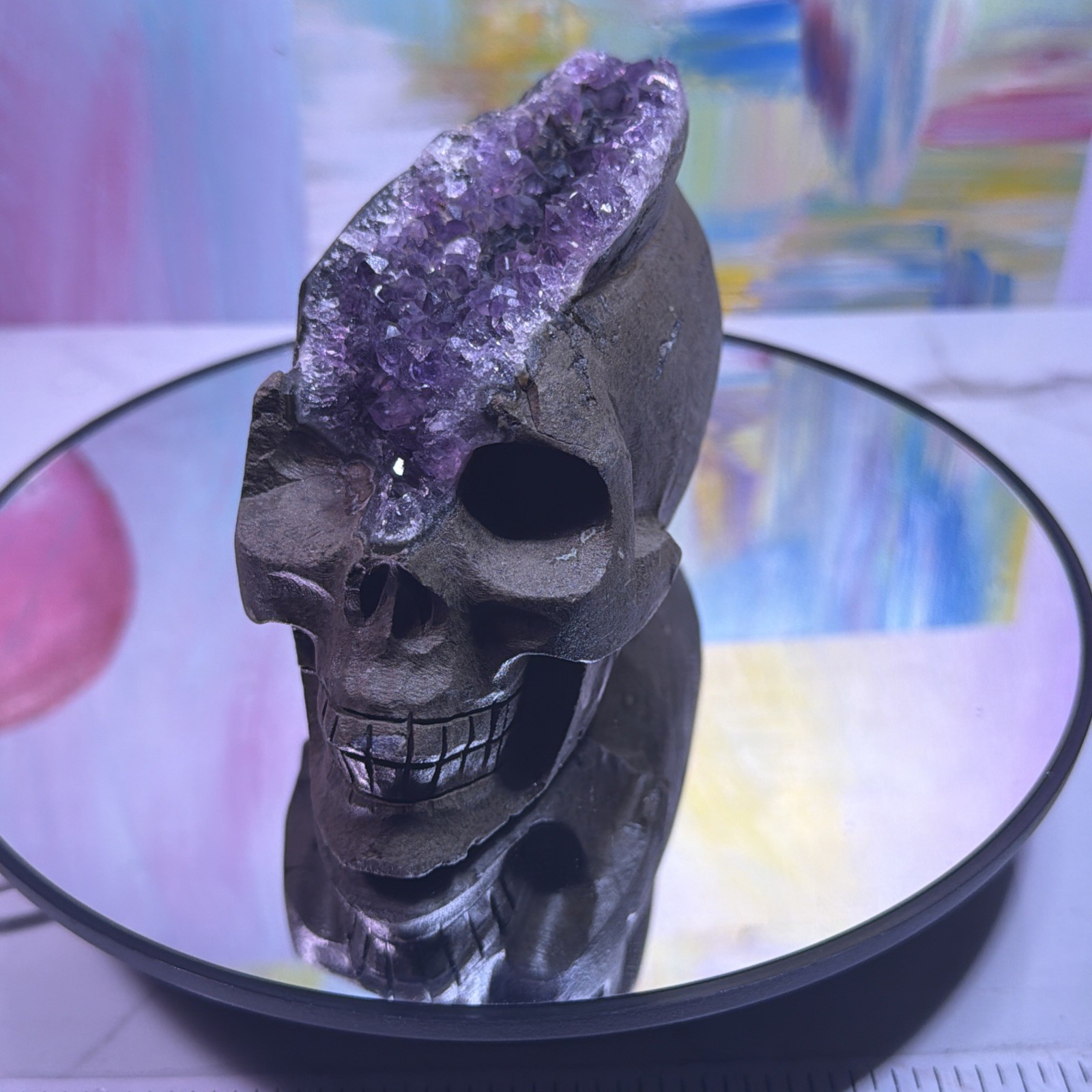 Unique shape lost one Purple Amethyst Crystal Druzy Geode Skull Decor Piece 