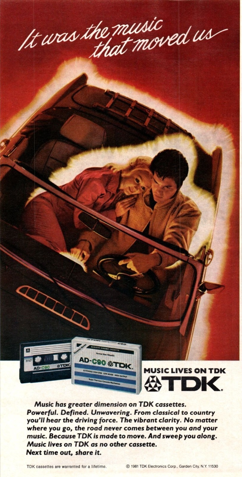 1981 TDK AD-C90 Cassette Tape Vintage Print Ad Couple Convertible Wall Art