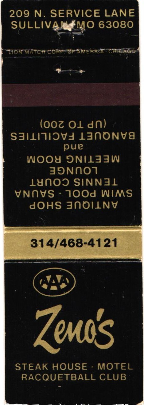 Zeno's Steak House Motel Sullivan MO Vintage Matchbook Cover 1960s-70s