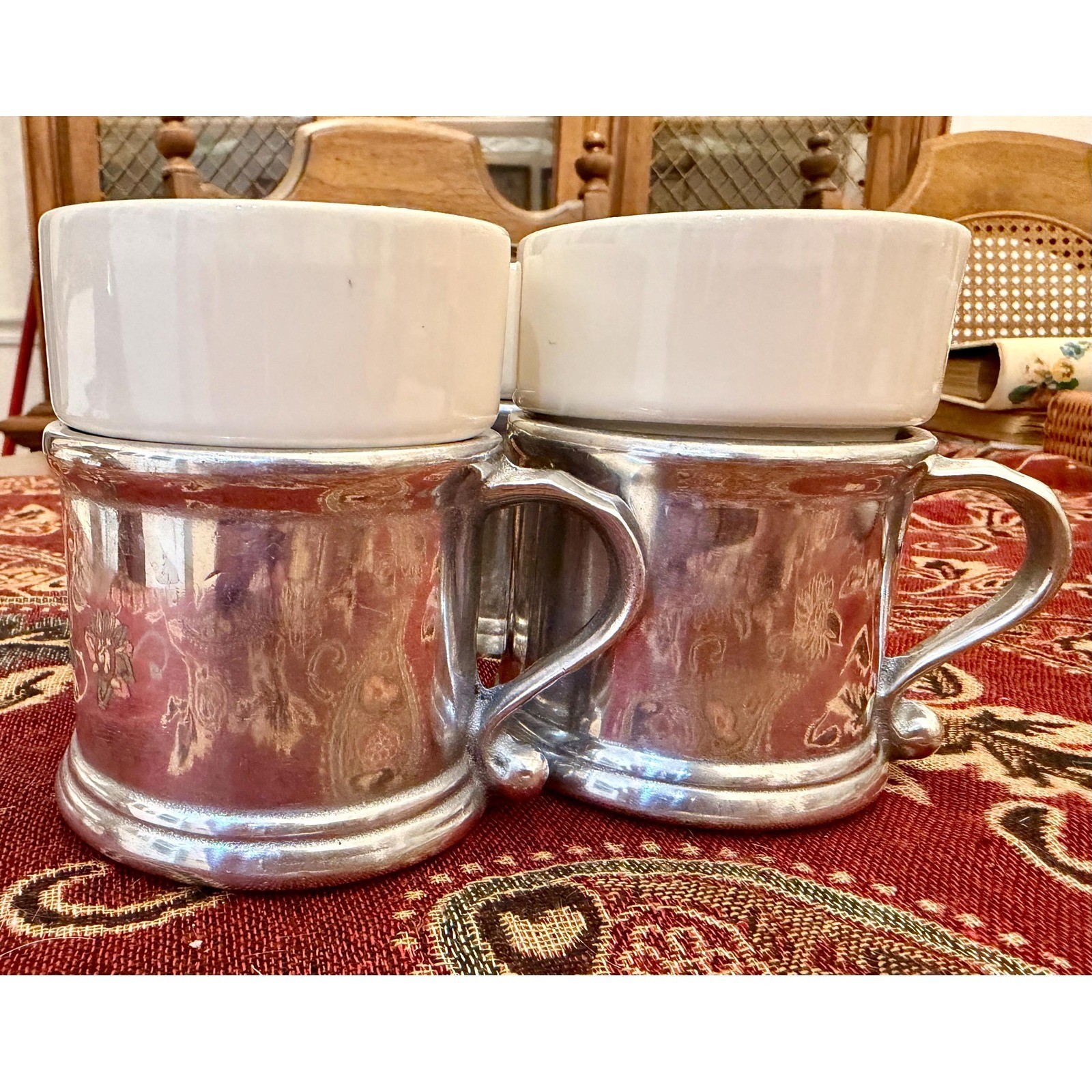 Vintage RWP Wilpaco Pewter and Ceramic Insert Mugs - Set of 4