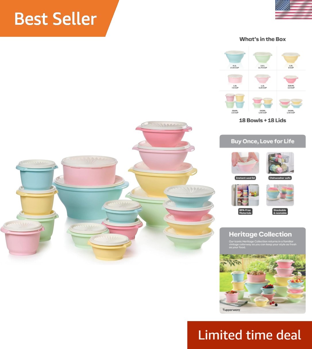Heritage 36-Piece Vintage Pastel Set 18 Containers + 18 Lids