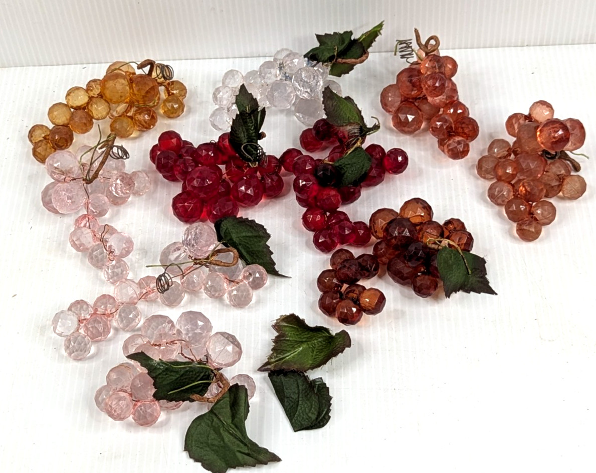 Vintage Lucite Grapes & Leaves Cluster Multi Piece Lot Red Pink Amber Clear