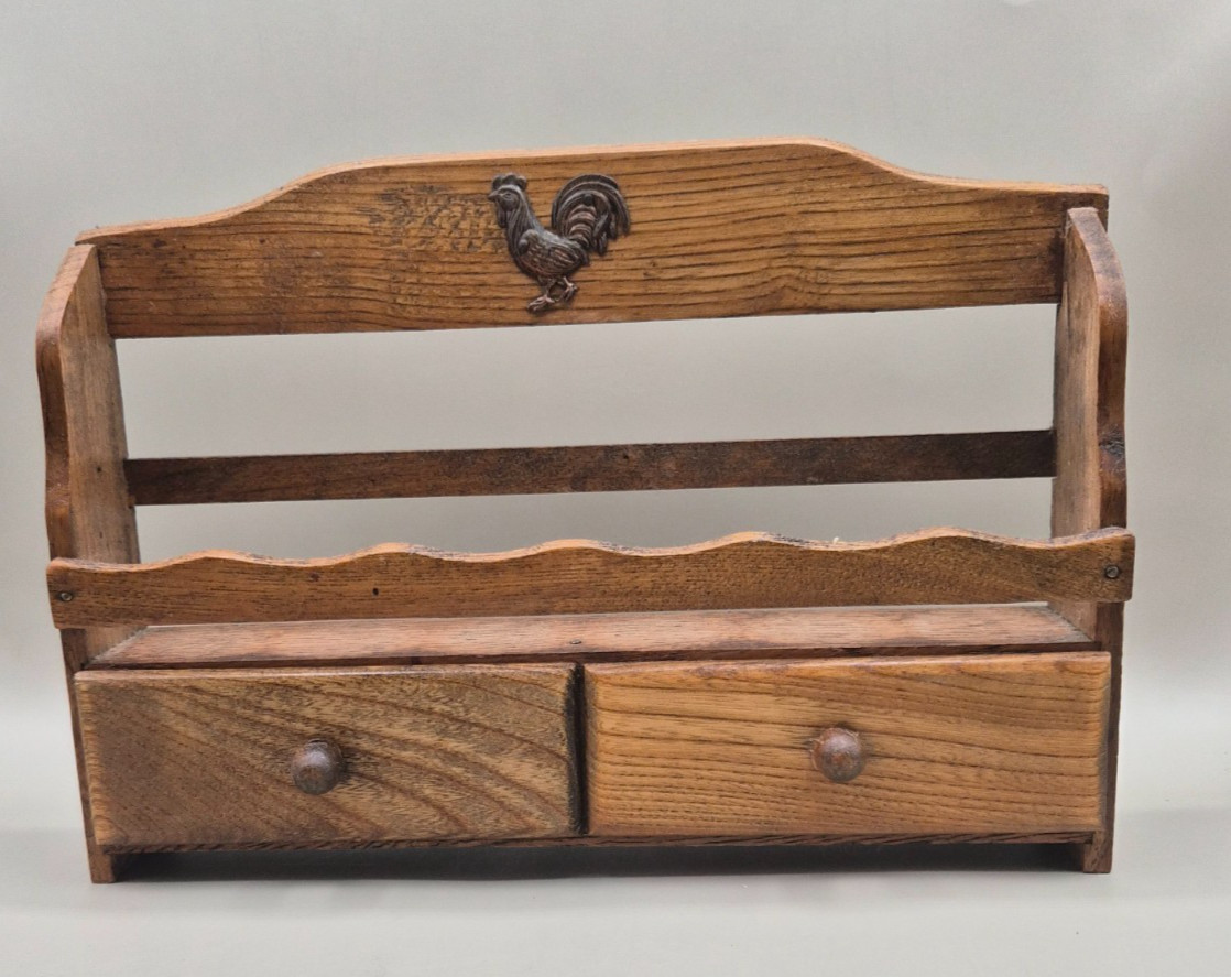 Vintage HIMARK Wood Spice Rack Wall Shelf Metal Rooster 2 Drawers 11\ Vintage HIMARK Wood Spice Rack Wall Shelf Metal Rooster 2 Drawers 11\