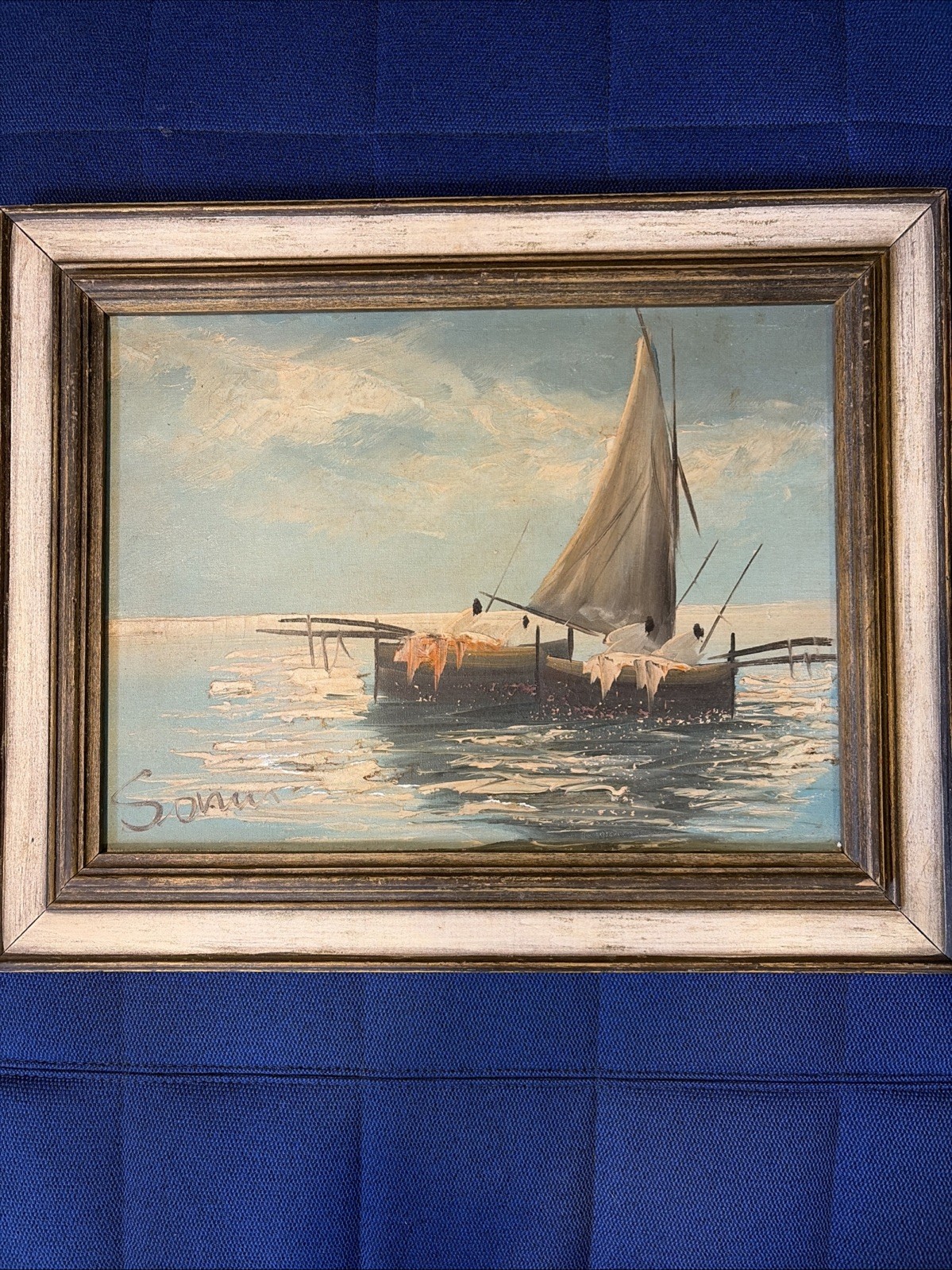 Vintage Mid Century Seascape Sailboat Oil Painting Signed Sonuu 16 X 12 Image