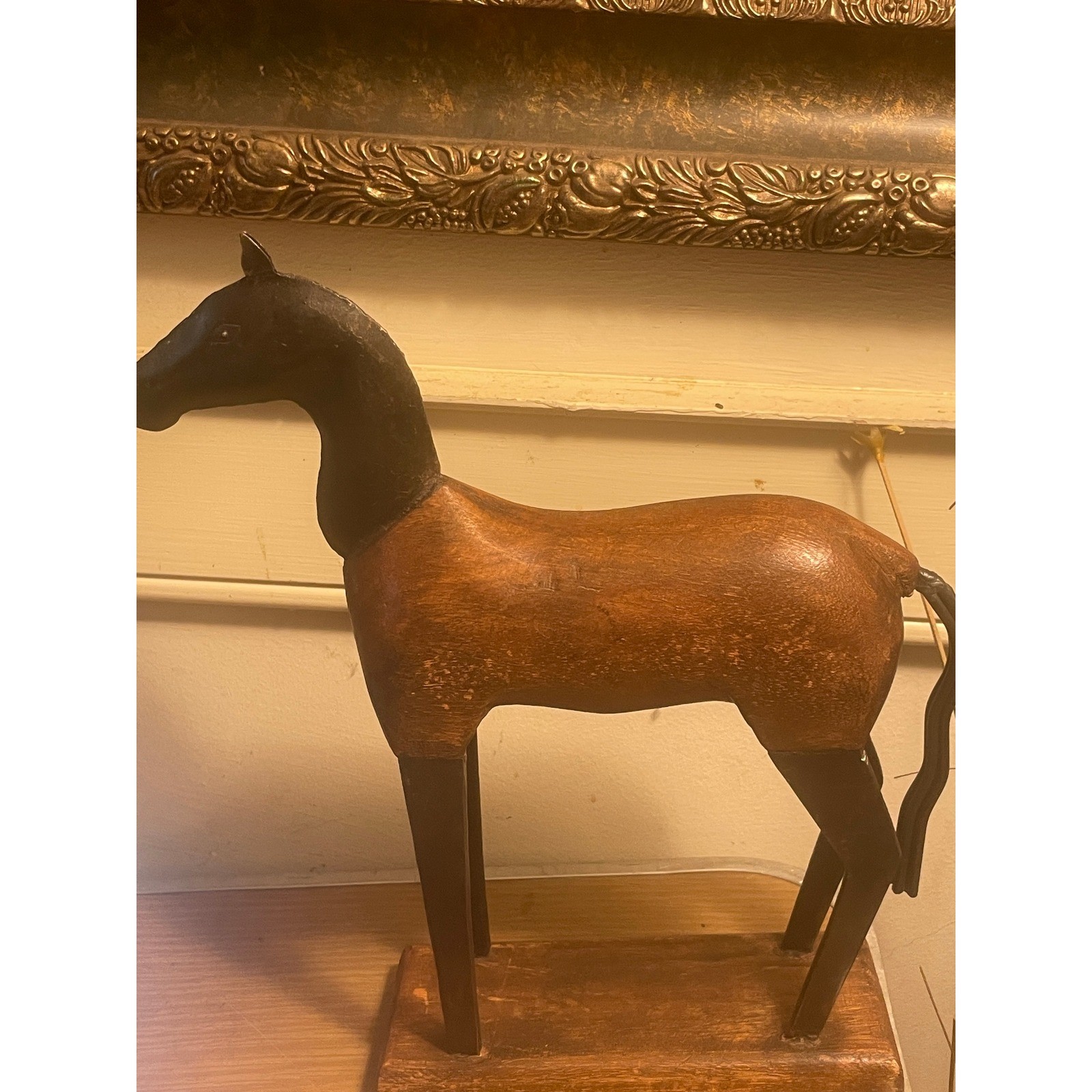 Wooden Horse Figurine Sculpture Wood Metal Brown Black Folk Art Decor Rustic