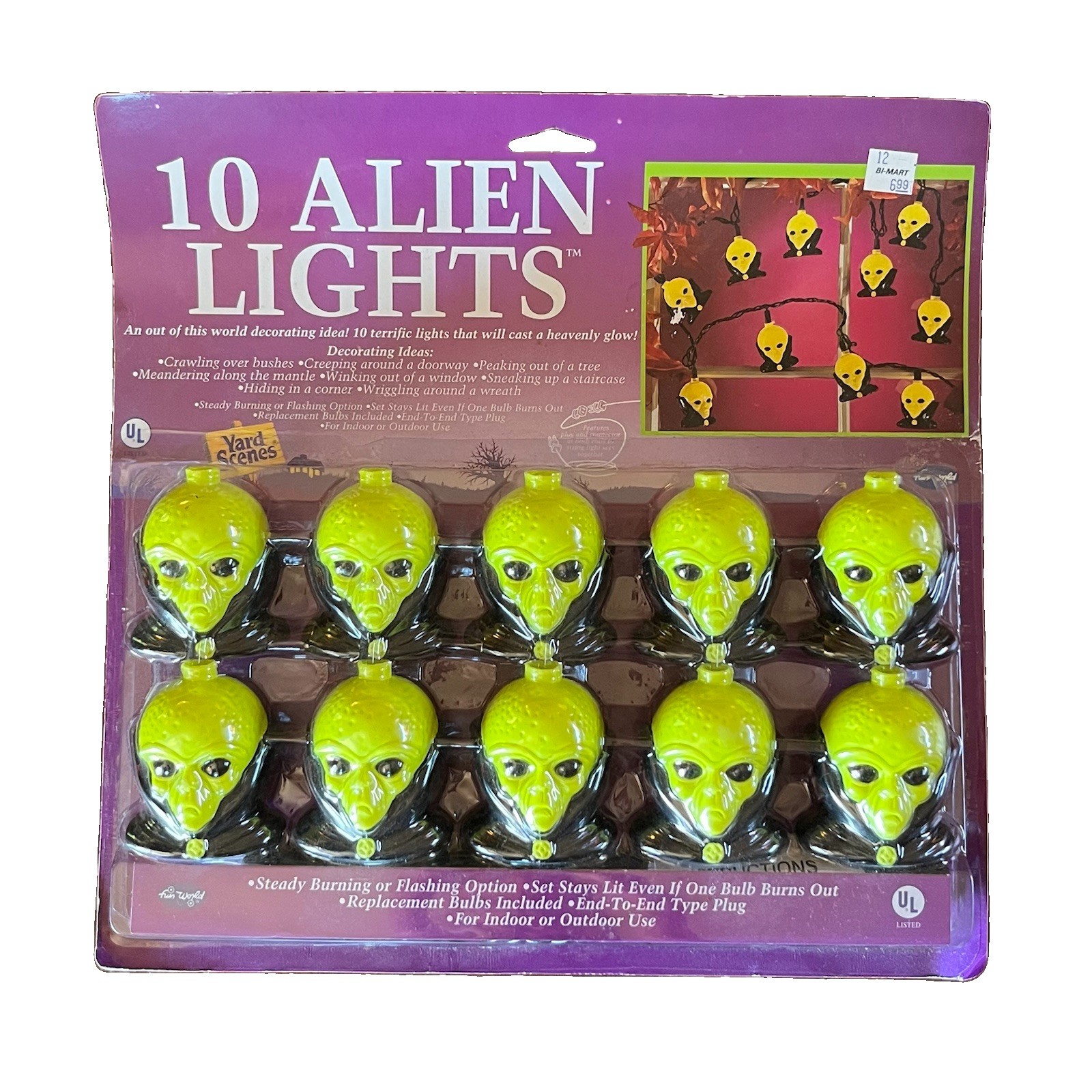 Vintage Fun World Alien Head String Lights Green Halloween New Old Stock Sealed