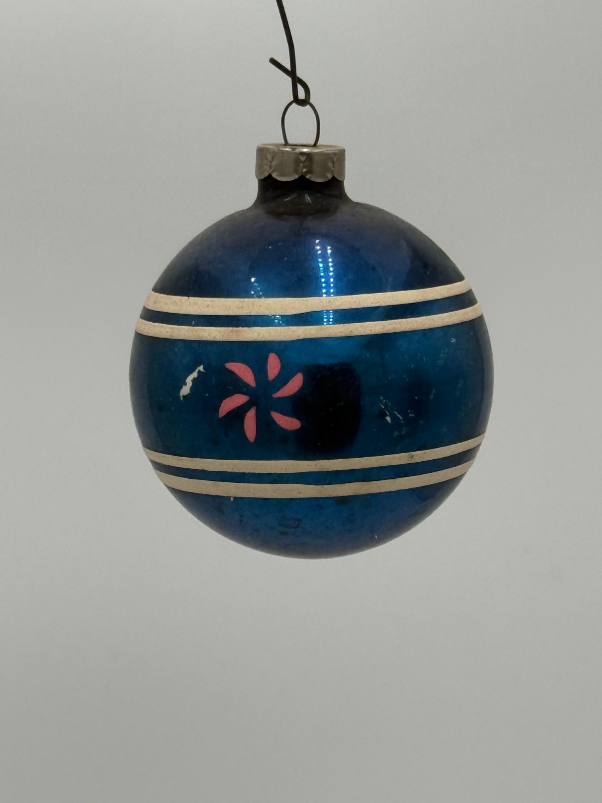 RARE VTG WWII Era Blue Glass Christmas Ornament Pink Floral Made in U.S. of A. RARE VTG WWII Era Blue Glass Christmas Ornament Pink Floral Made in U.S. of A.