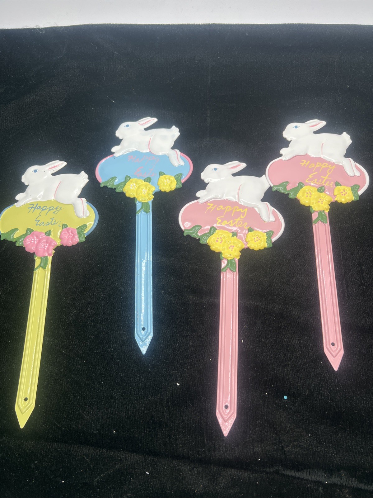 vintage Easter Bunny metal Garden stake Happy Easter with bunny on top Lot Of 4