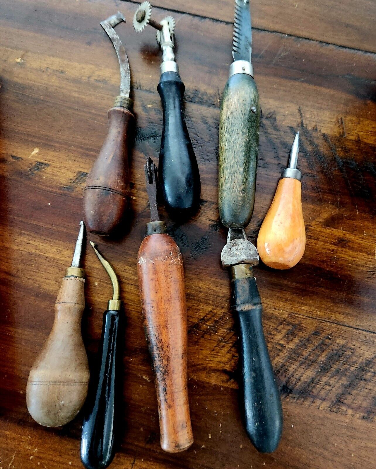 7 awl tools hand woodworking antique primitive vintage leather work metal...