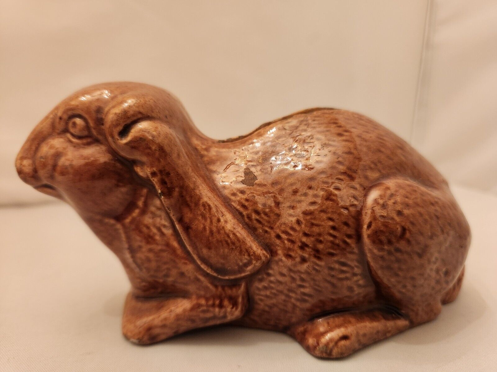 Old Glazed Pottery Figural Coin Bank  - Brown Floppy Eared Bunny Rabbit -...