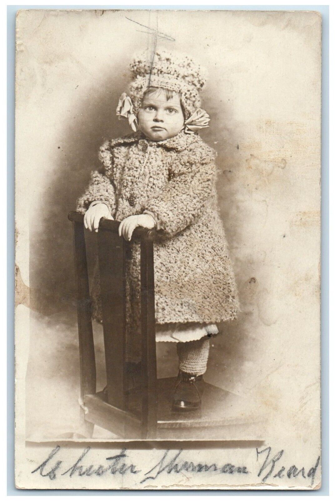 c1930's Little Child Standing On Chair Studio Portrait RPPC Photo Postcard
