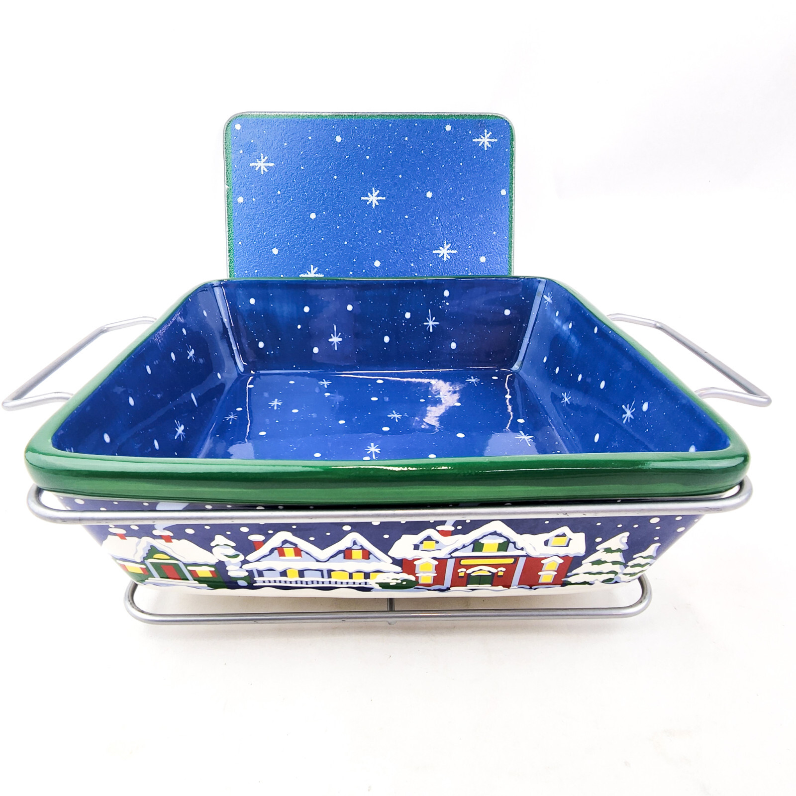 Temptations by Tara Bake Dish Ovenware Snowy Night Square Dish Trivet Stand