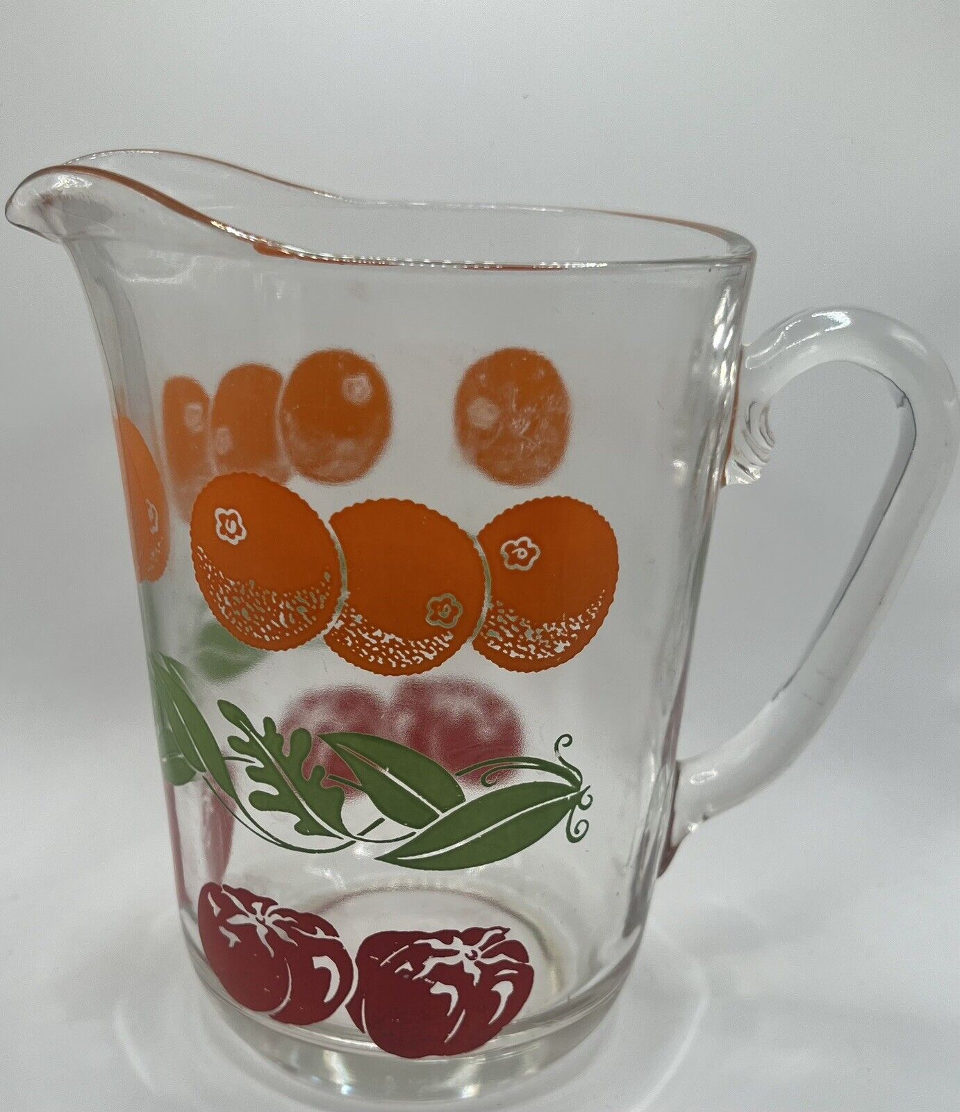 Vintage Glass Water Juice Pitcher Fruit—Orange And Tomato From 1940-50’s