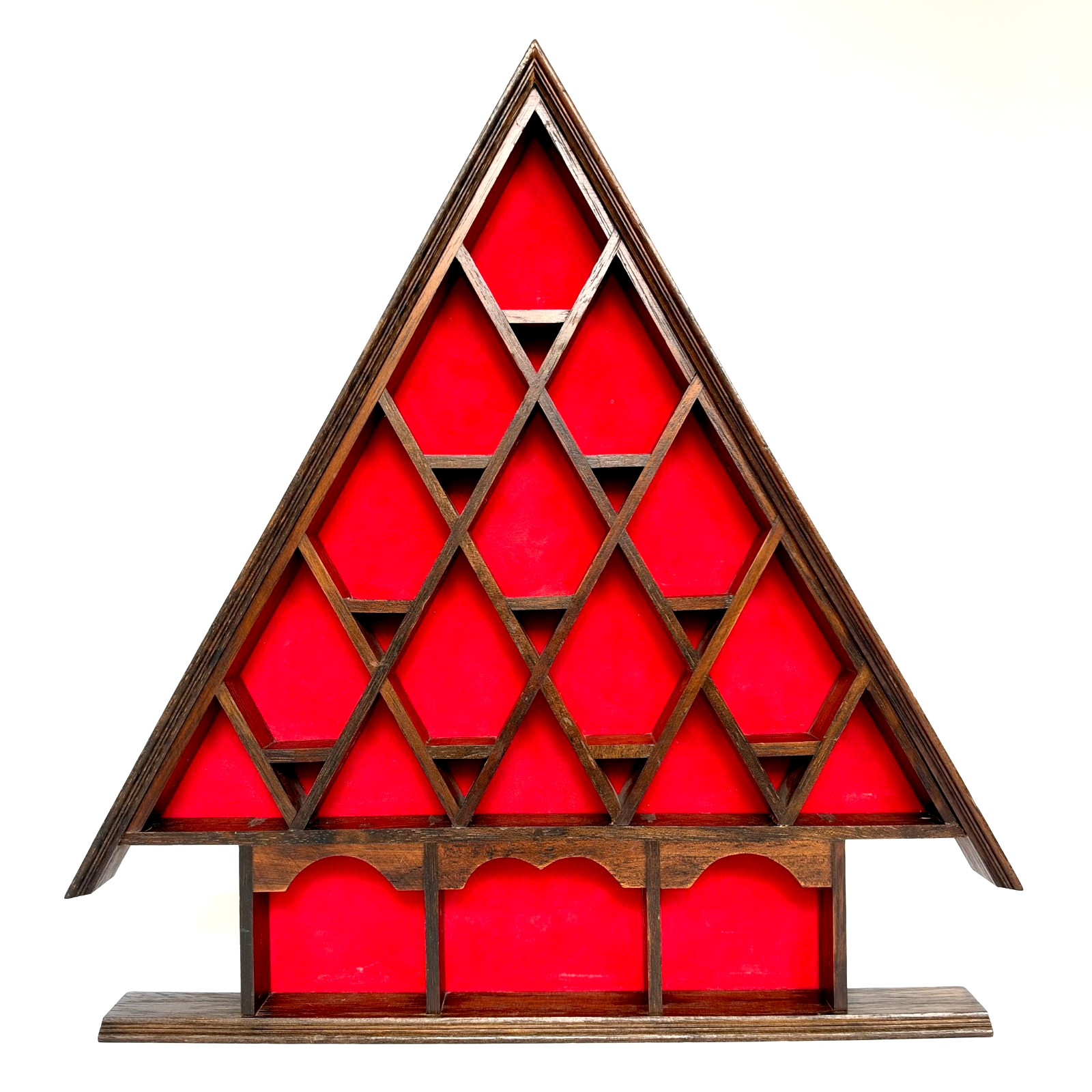 Vintage 1979 A-Frame Wooden Shadow Box Shelf Red Velvet Knick Knack Display