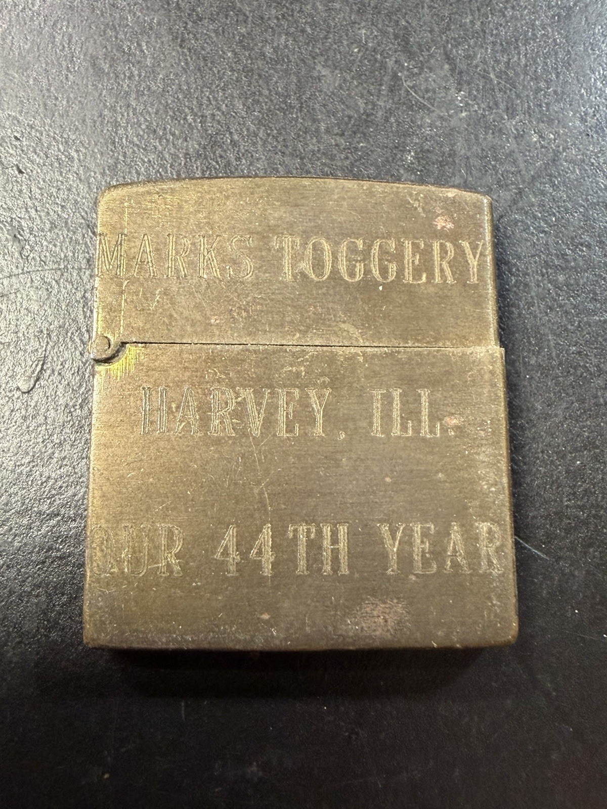 Vintage Marks Toggery Advertising Lighter Harvey IL 44th Year Brass Pocket (B3)