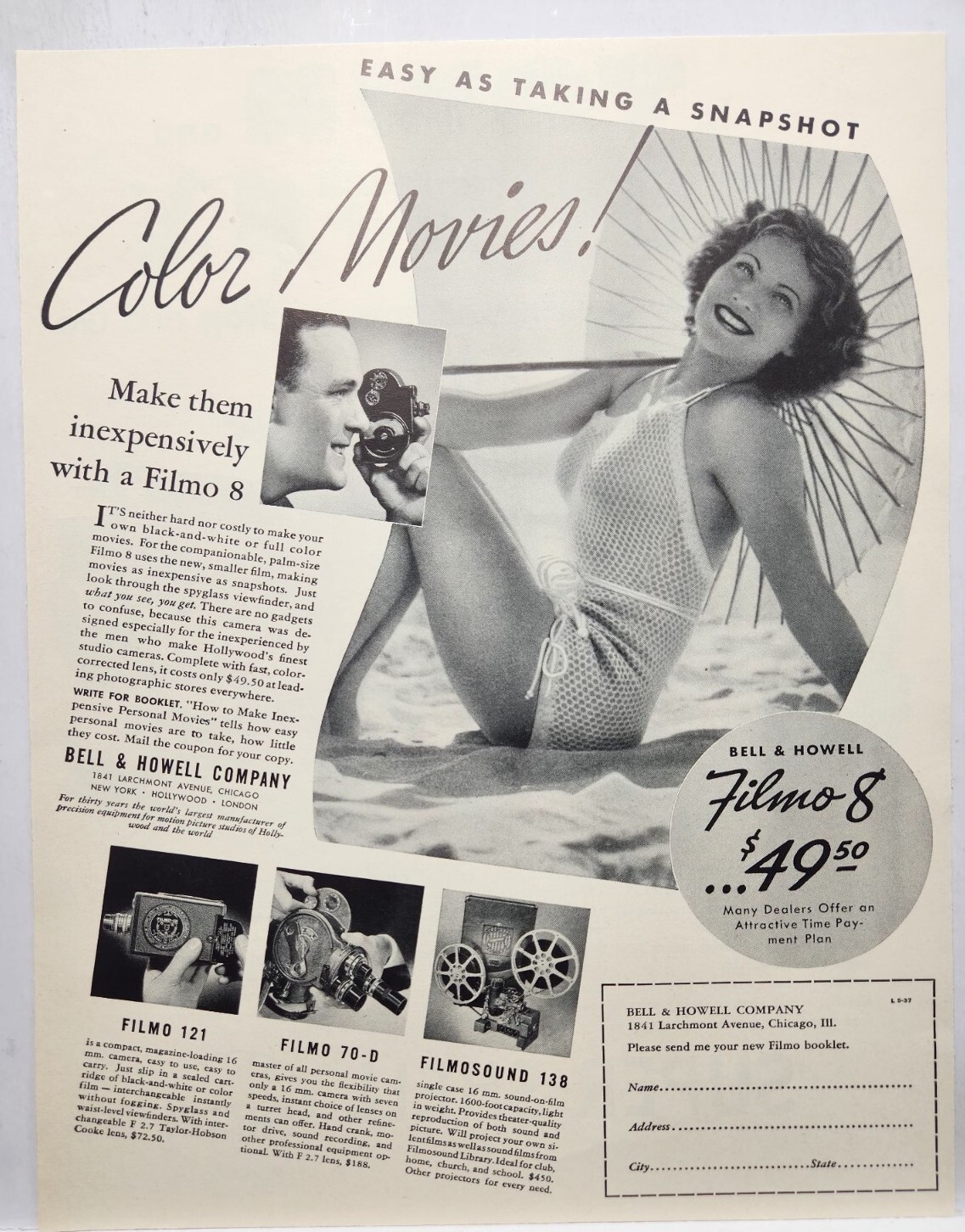 1937 Pinup Bell & Howell Filmo 8 Sexy Hot Body Beach Print Ad Life Magazine Page