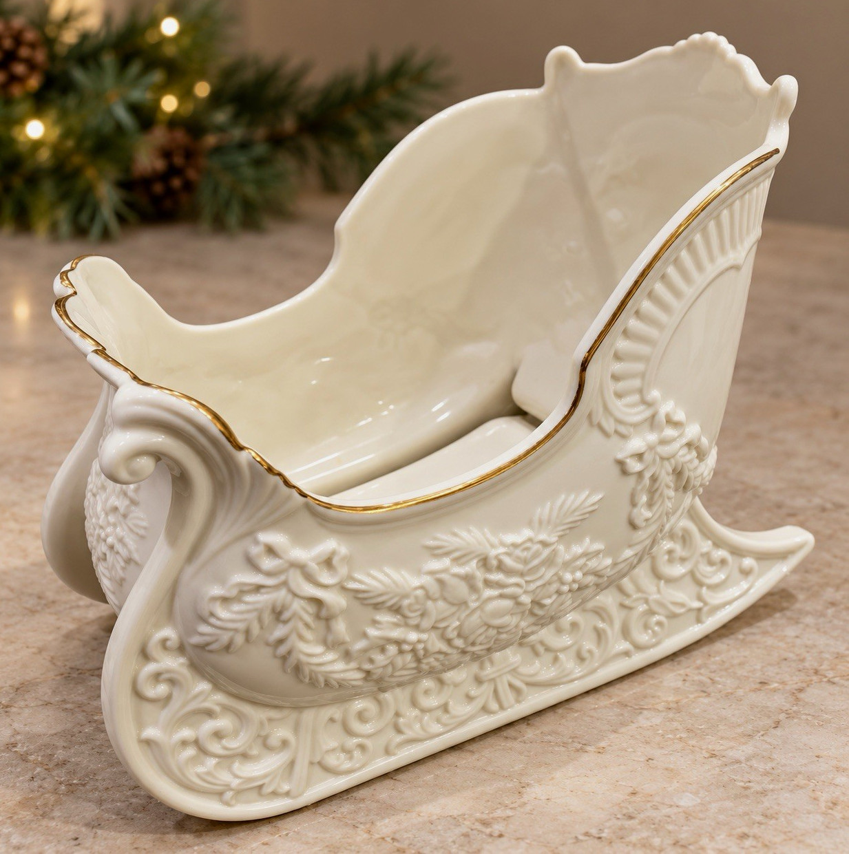 Lenox Winter Bouquet Sleigh Fine Ivory China w/ Gold Trim 1993 Made in USA