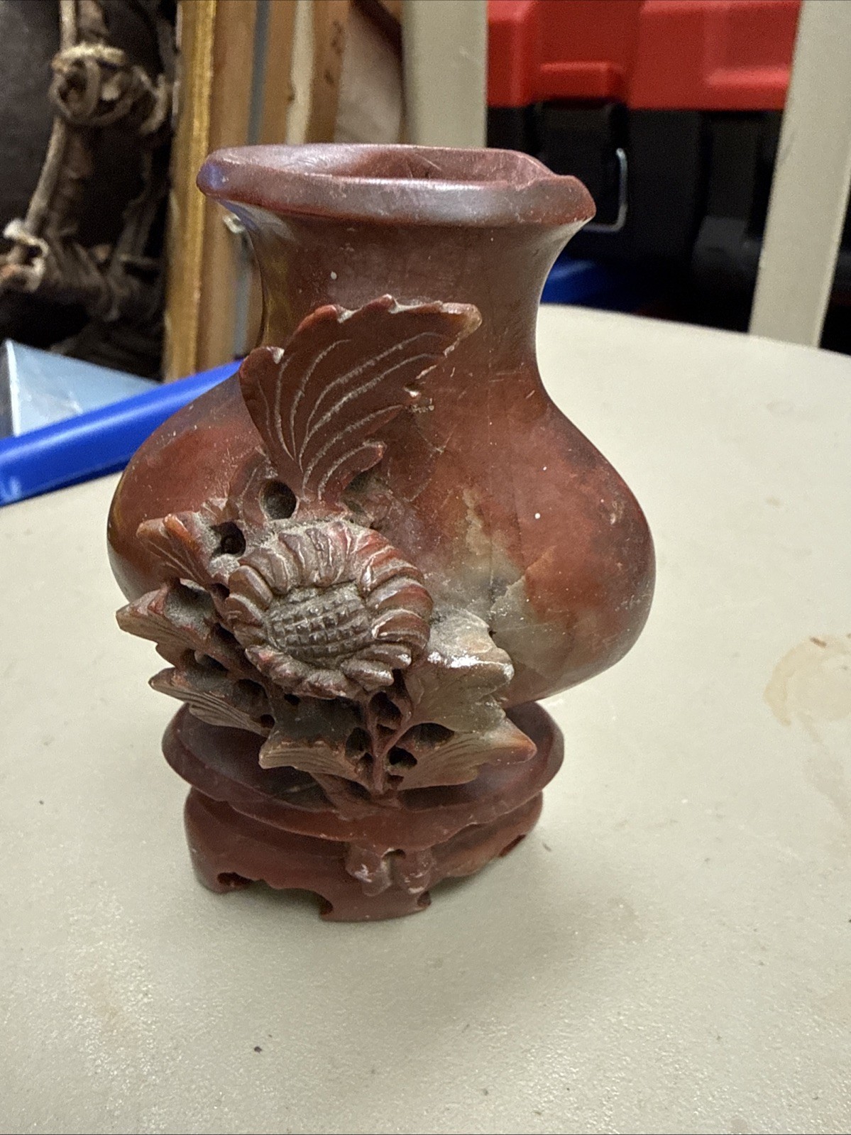 Vintage Chinese Hand-Carved Soapstone Vase With Floral Design 5\