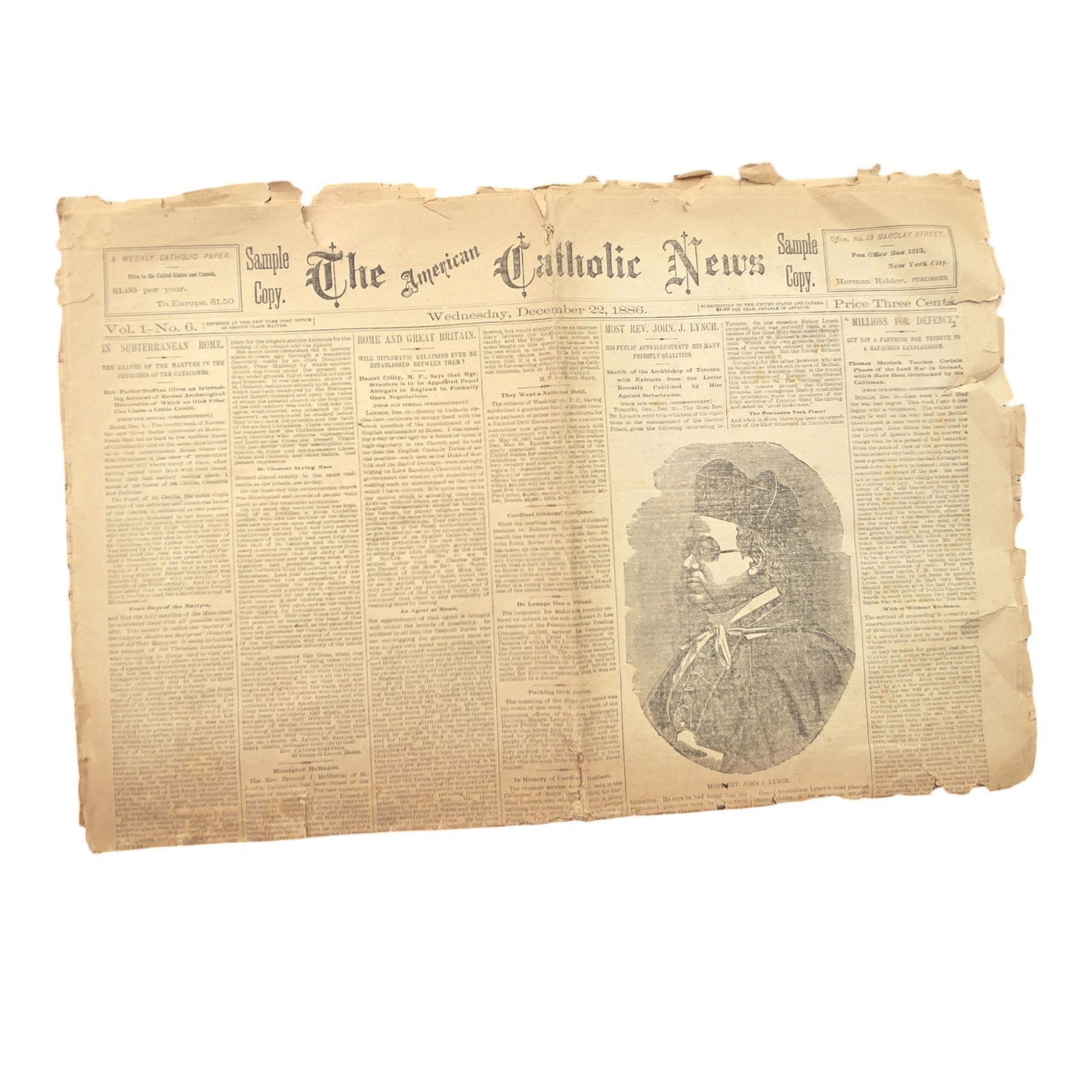 1886 American Catholic News Vol 1 No 6 Sample Copy Archbishop John J Lynch
