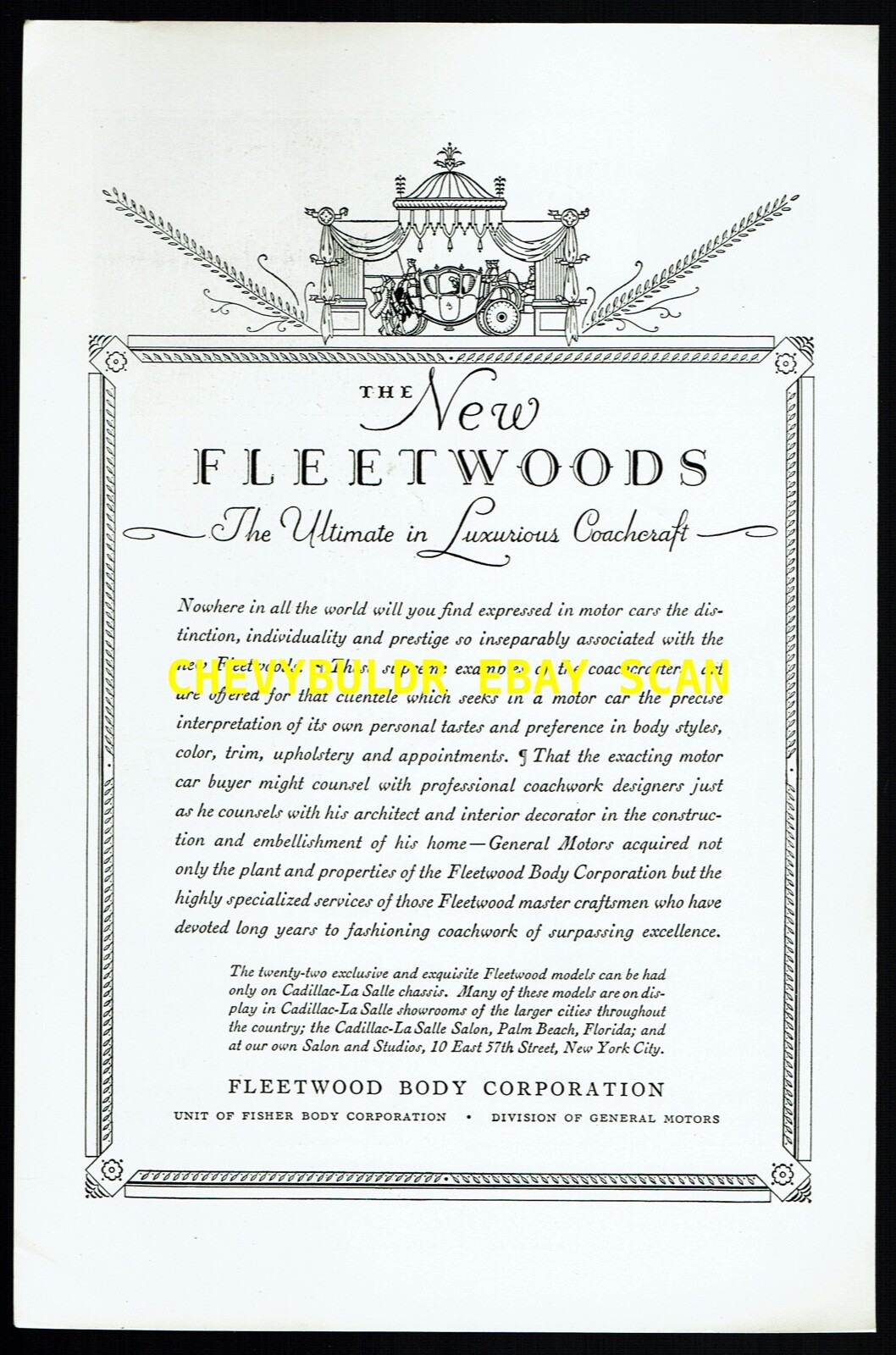 1929 GM\'s Fleetwood Coach Builder Vintage Ad \