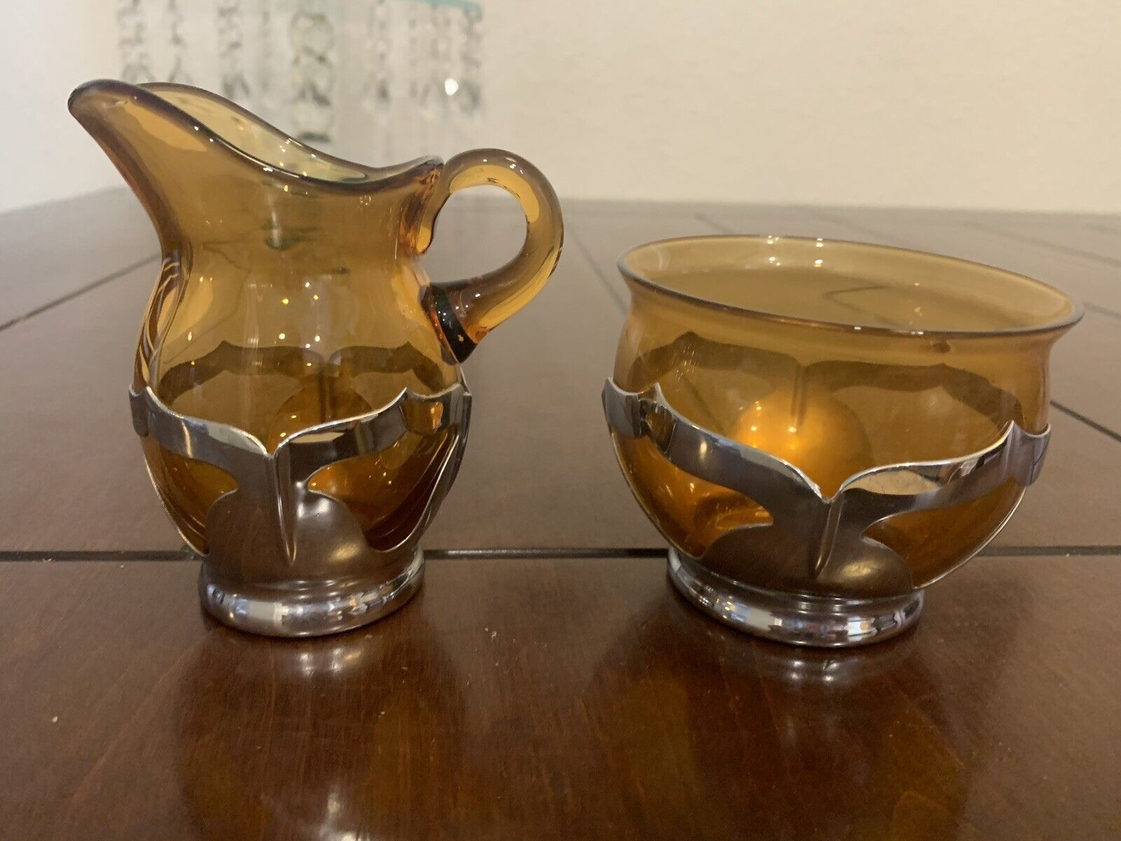 Farber Brothers Chrome & Cambridge Amethyst Glass Creamer & Sugar Bowl, 1940's