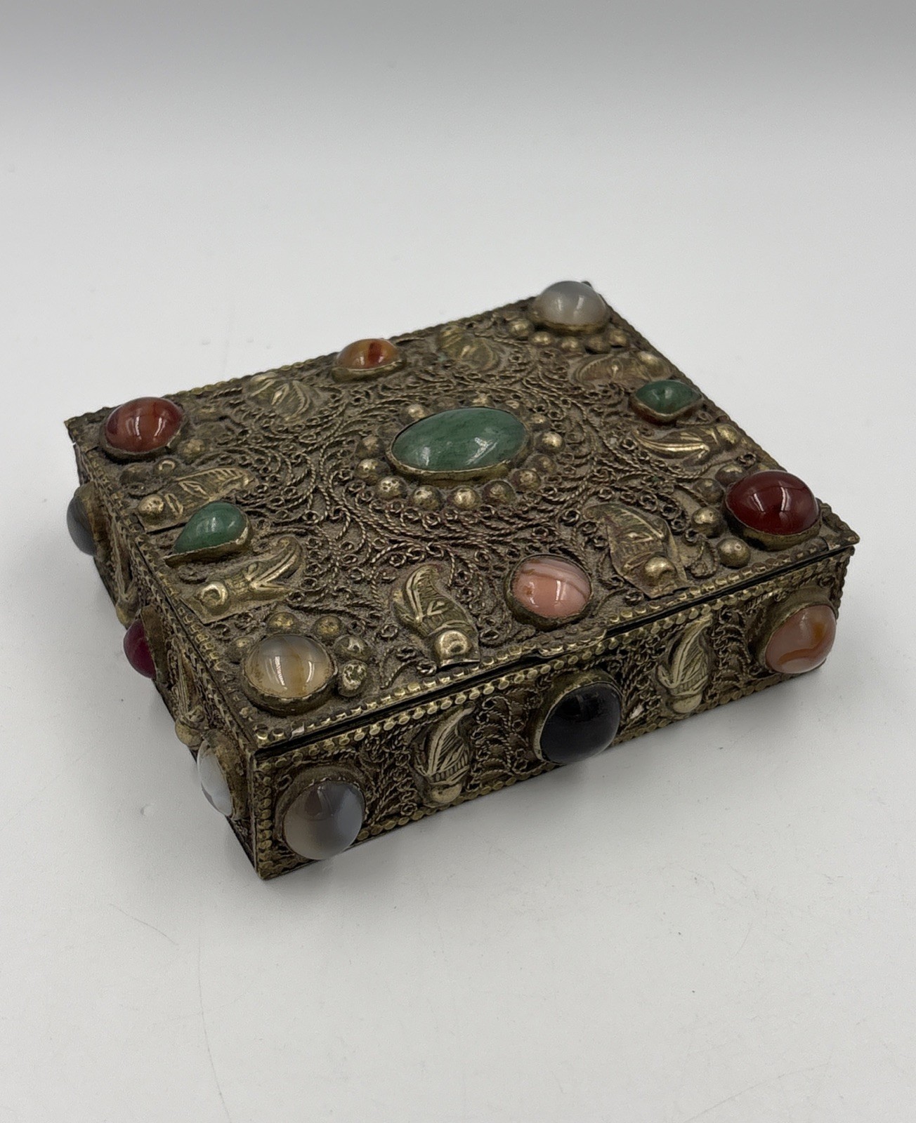 Vintage Agate Inlaid Moroccan Jewelry Box 4”x3-1/8”  with Semi Precious Stones