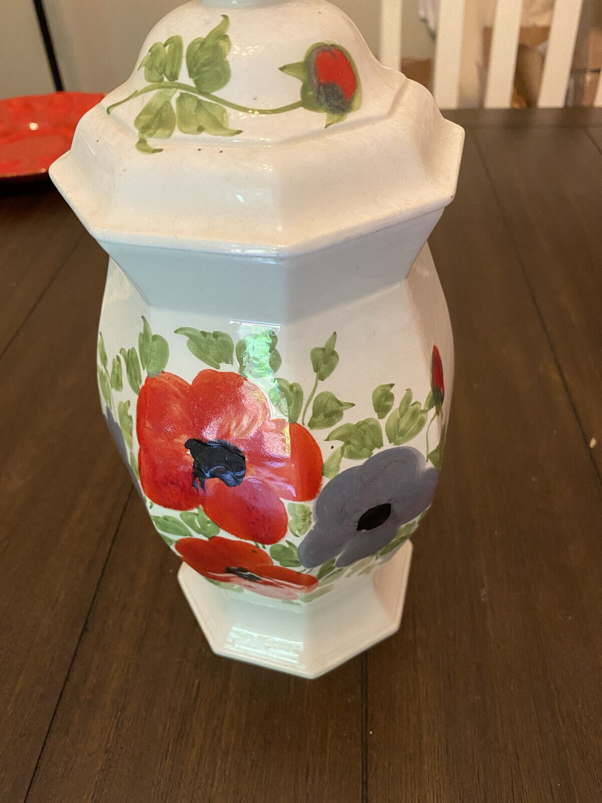 Gorgeous 12” Vintage Urn with Lid Hand Painted Poppies Hand Signed Italy