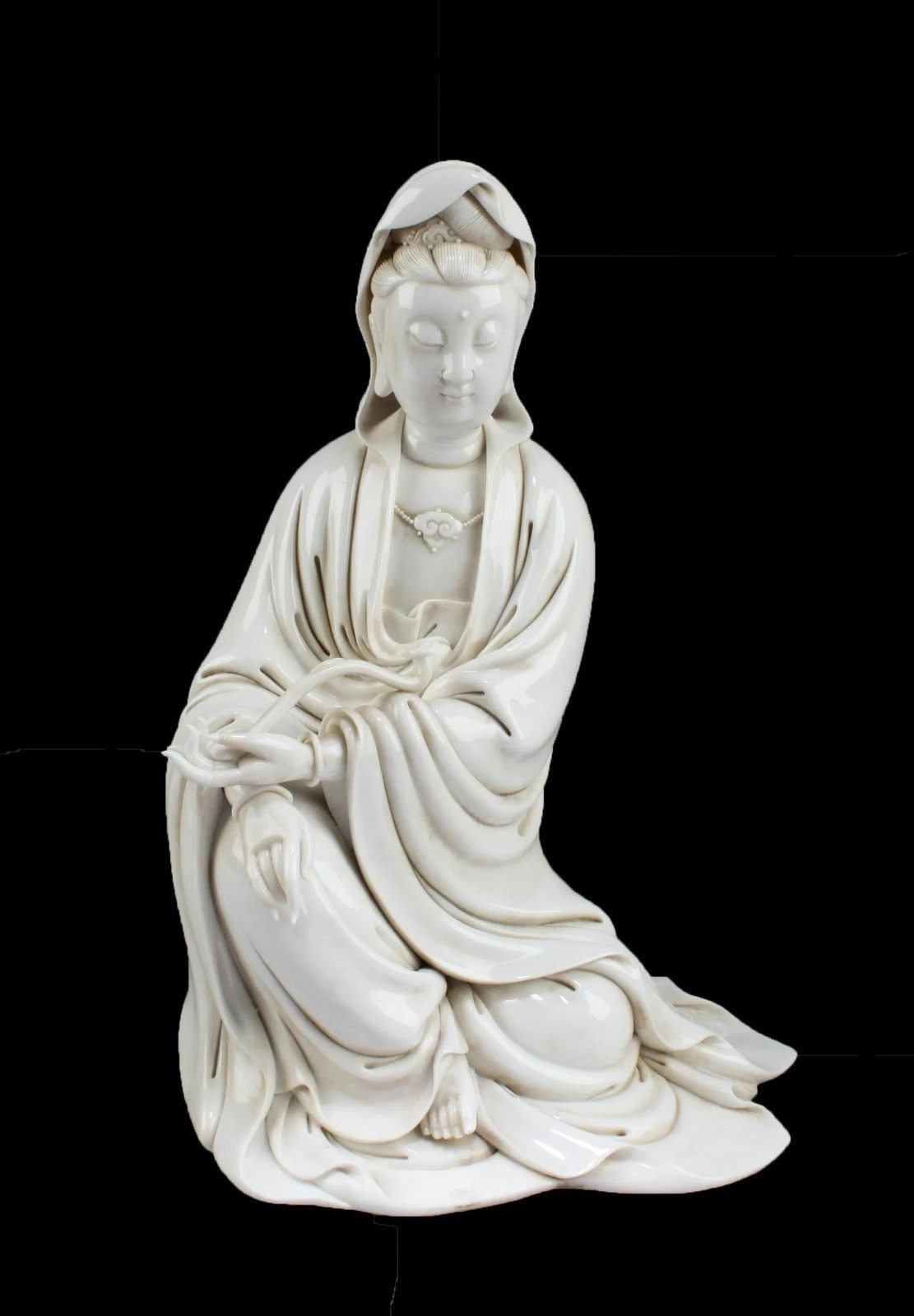 Chinese Blanc De Chine Seated Guanyin Statue. Seal mark at back of figurine